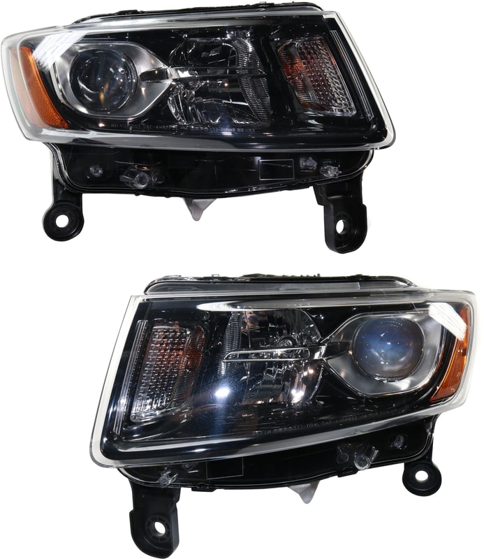 Headlight Assembly Pair/Set for Jeep Grand Cherokee 2014-2016, Right (Passenger) and Left (Driver), Halogen, Black Trim, Standard Type, Replacement