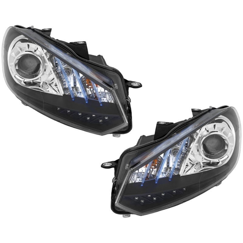 Projector Headlight Assembly for Volkswagen Golf 2010-2011, Right (Passenger) and Left (Driver), Black Interior with LED Accent Light, Replacement