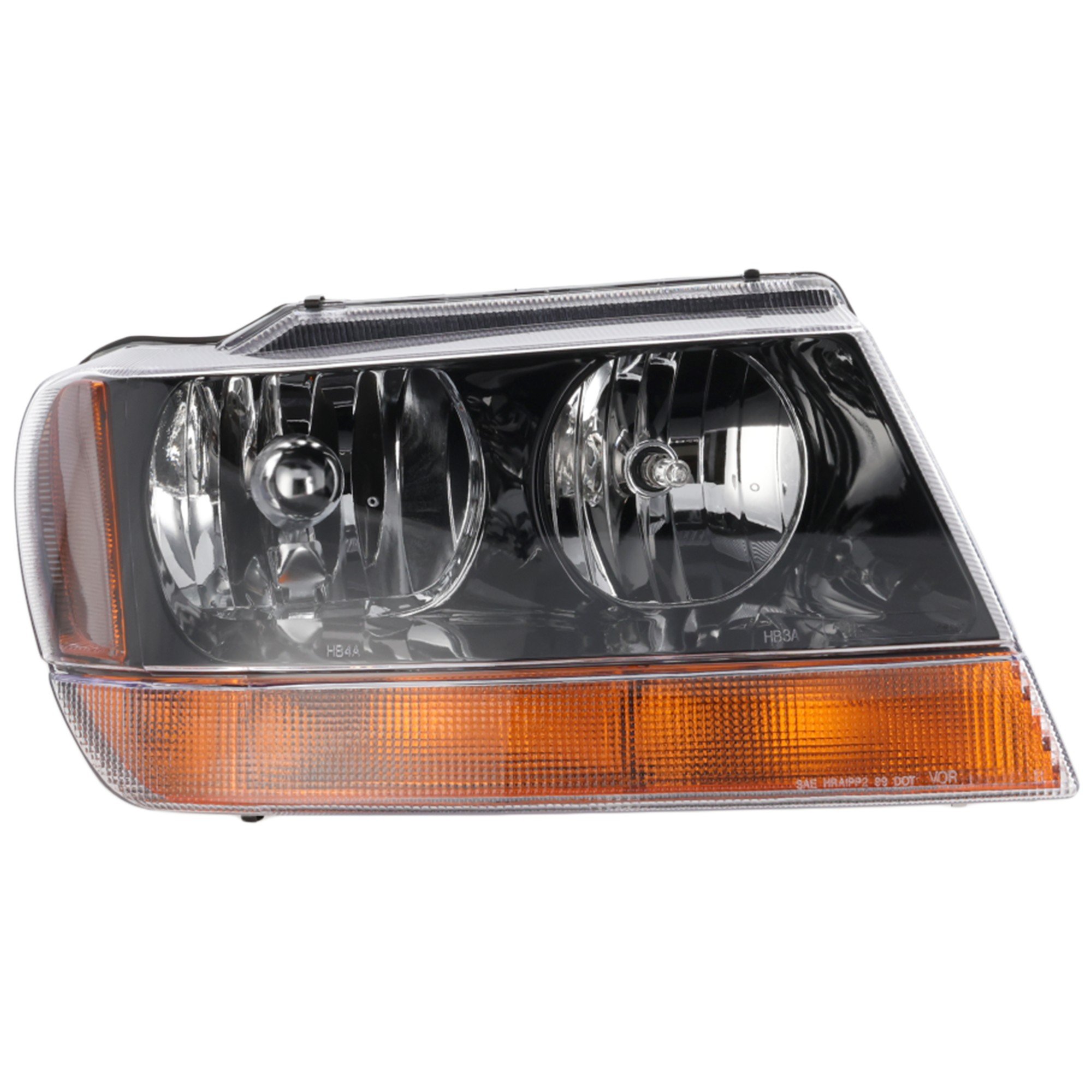 Headlight Assembly for Jeep Grand Cherokee 1999-2002, Right (Passenger) Side, Halogen, Black Interior, Excludes Limited/Overland Models, up to 01-14-2002, Replacement