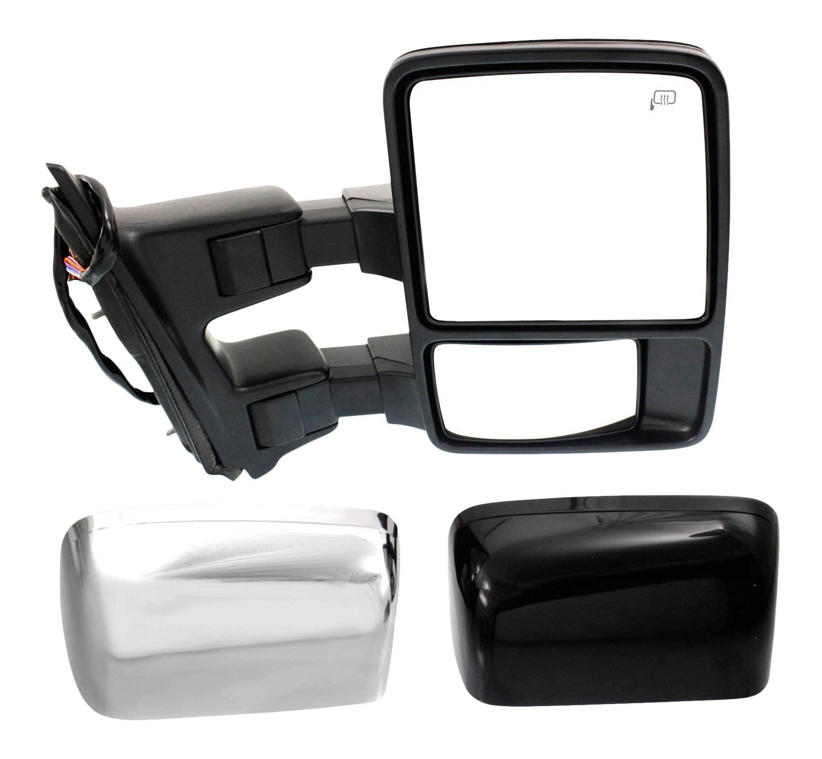 Towing Mirror for Ford F-Series Super Duty 2008-2009, Right (Passenger), Power, Power-Folding, Heated, Chrome/Paintable, 2 Caps, with Auto Extend, Memory, and Signal Light, Replacement