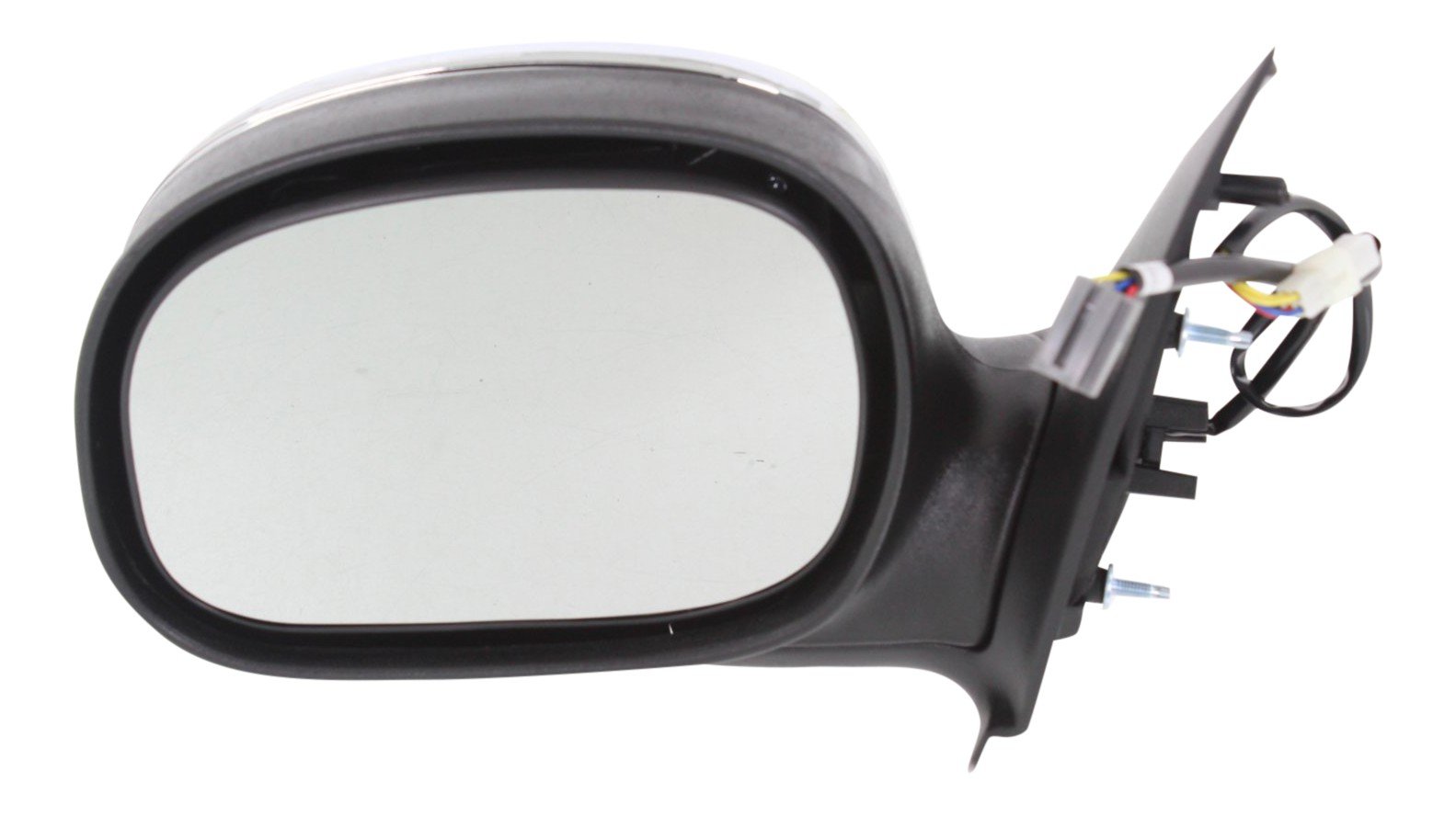 Mirror Left (Driver) for Ford F-150 1997-2002, F-250 1997-1999, Non-Towing, Power, Manual Folding, Non-Heated, Chrome, Contour Style, without Signal Light, Regular/SuperCab, To February 12, 2002, Replacement