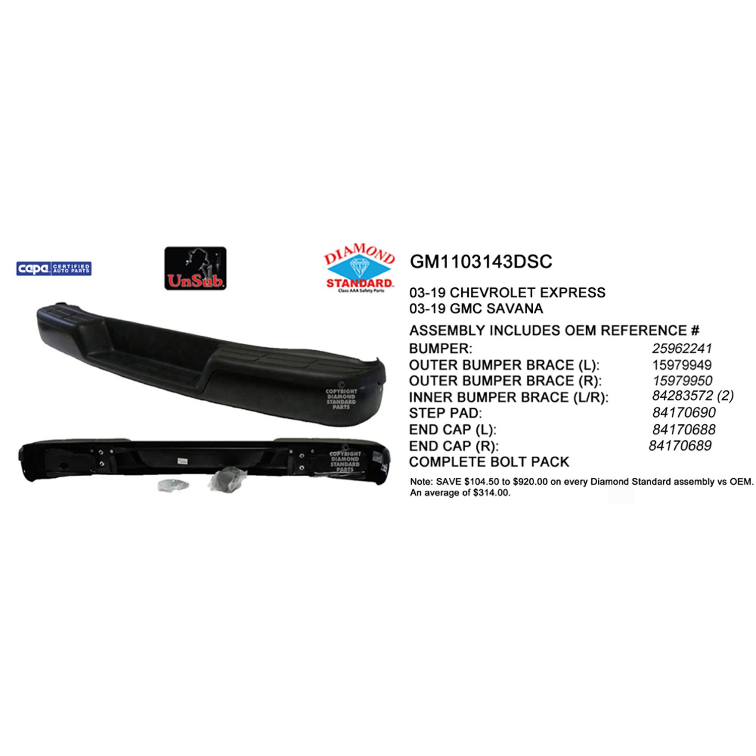1996 - 2025 Chevrolet (Chevy) Express 3500 Rear Bumper Assembly (CAPA Certified)