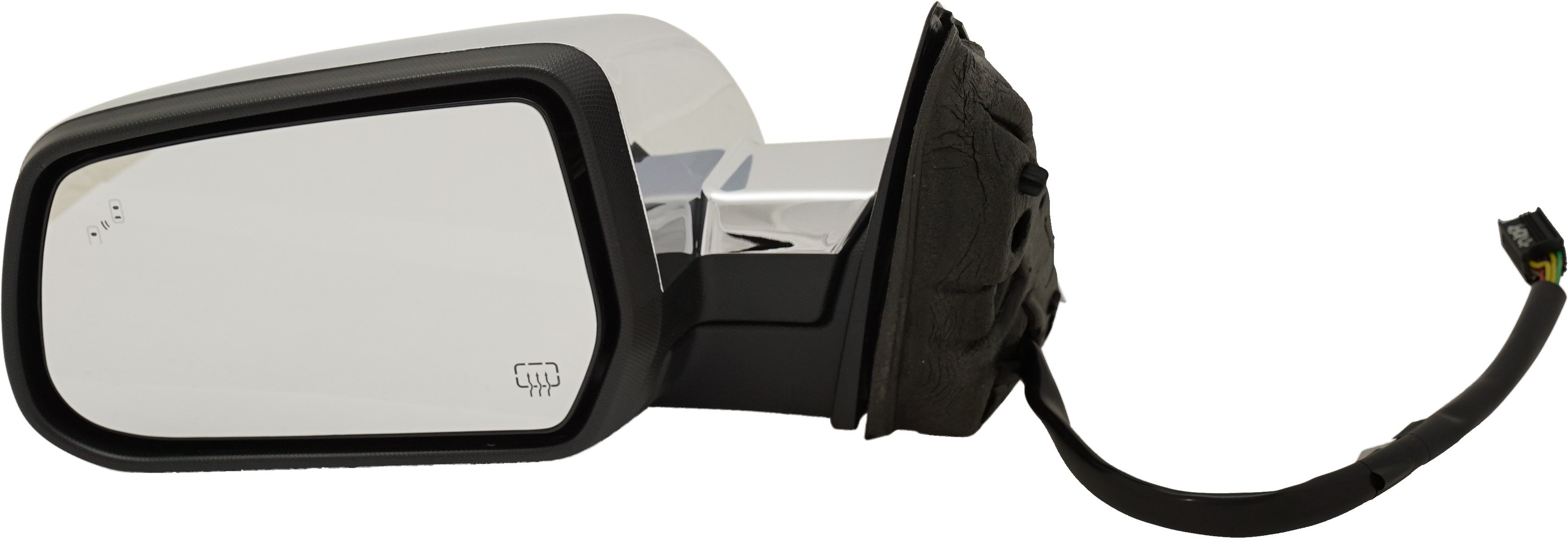 Power Mirror for Chevrolet Equinox (2016-2017), GMC Terrain (2015-2017), Left (Driver), Manual Folding, Heated, Chrome, with Blind Spot Detection in Glass and Memory, without Auto Dimming and Signal Light, Replacement
