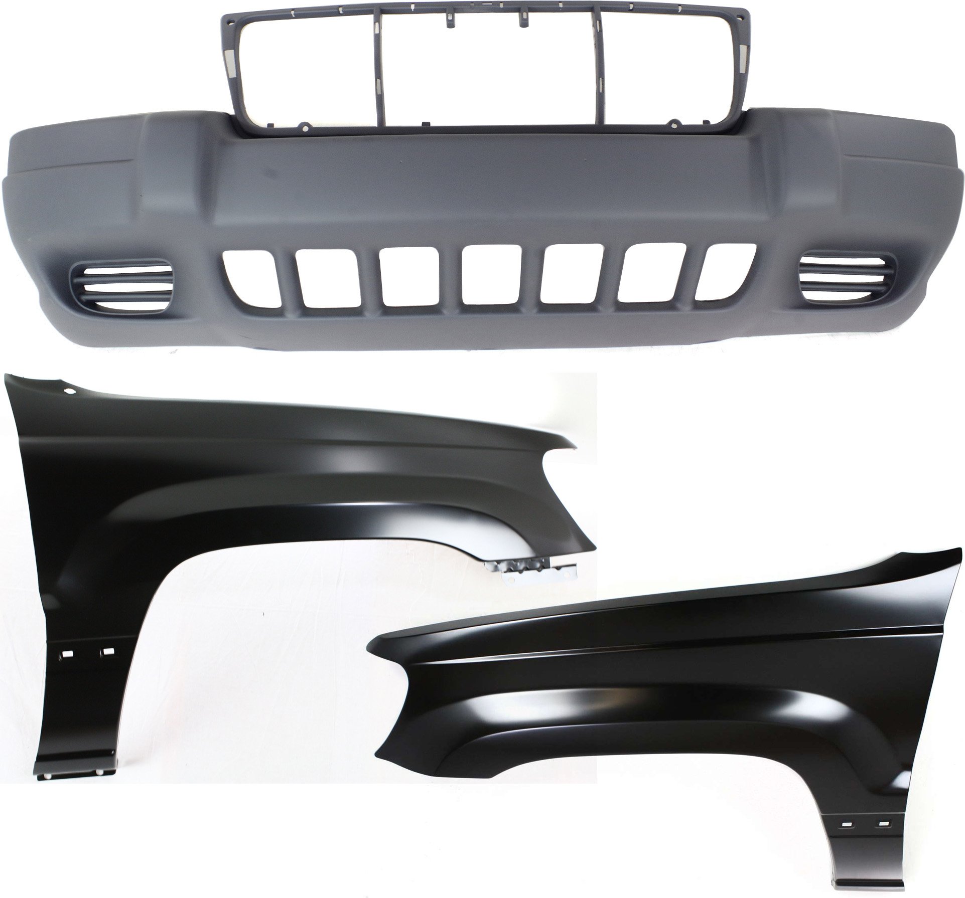 Front Bumper Cover Assembly for Jeep Grand Cherokee 1999-2003, 3-Piece Kit with Fenders, Replacement