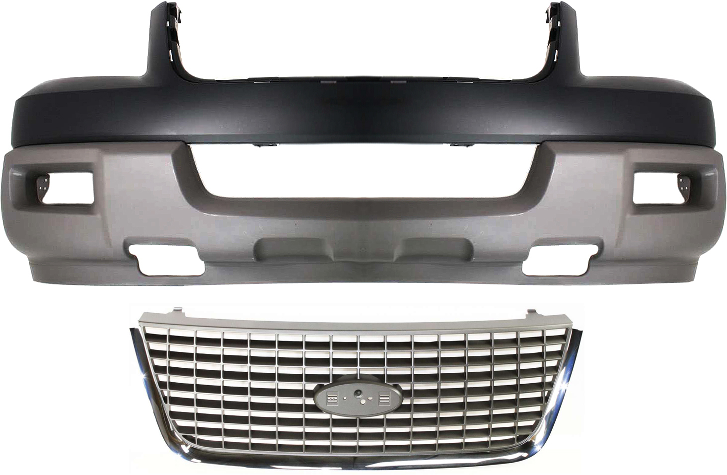Front Bumper Cover Kit for 2003 Ford Expedition, Primed (Ready to Paint), 2-Piece with Grille Assembly, Suitable for XLT Models, Replacement