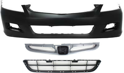 Front Bumper Cover for 2006-2007 Honda Accord, 3-Piece Kit with Bumper Grille and Grille Assembly Replacement