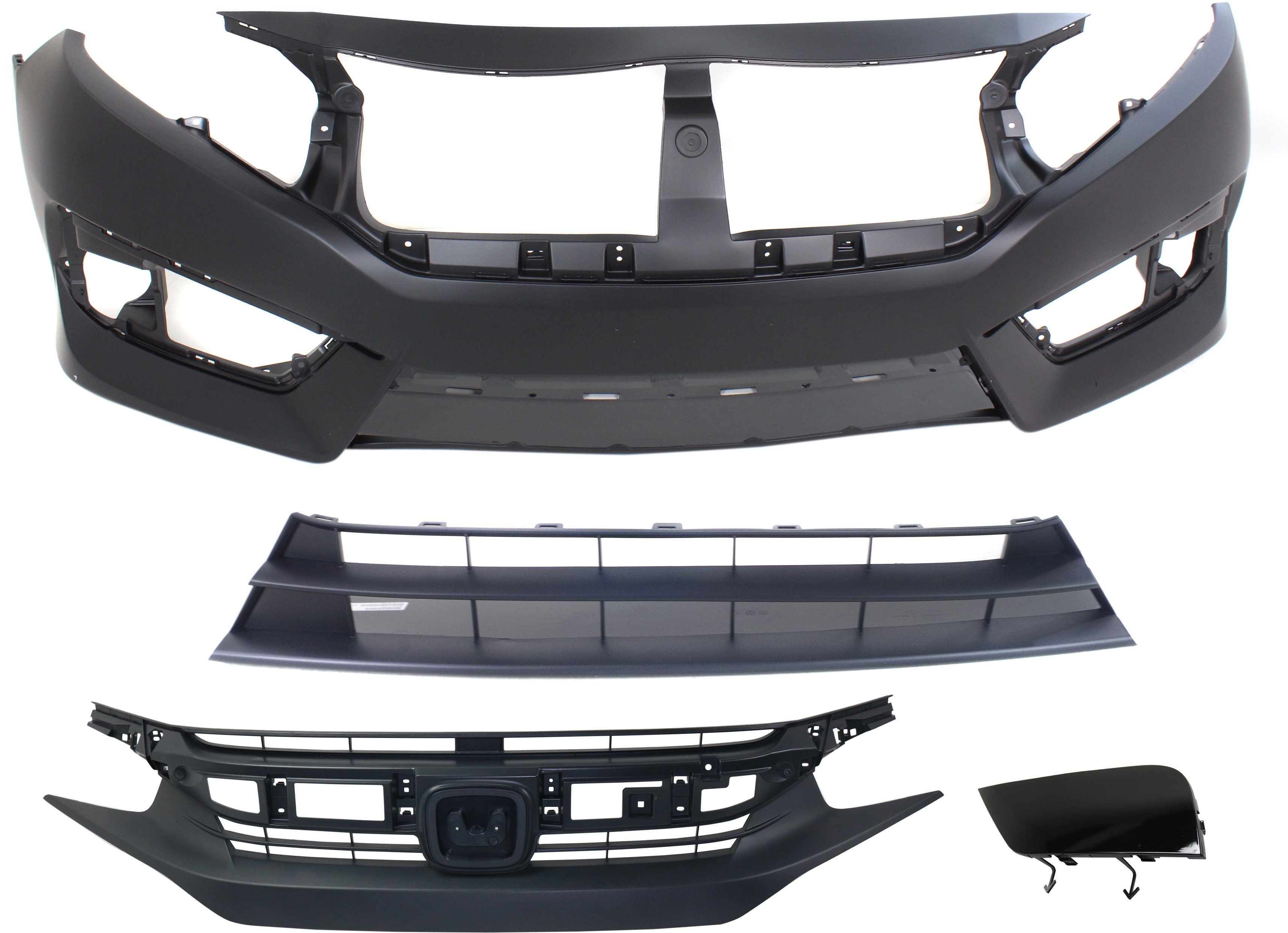 Front Bumper Cover Kit for 2016-2018 Honda Civic, 4-Piece Set with Bumper Filler, Bumper Grille and Grille Assembly Replacement