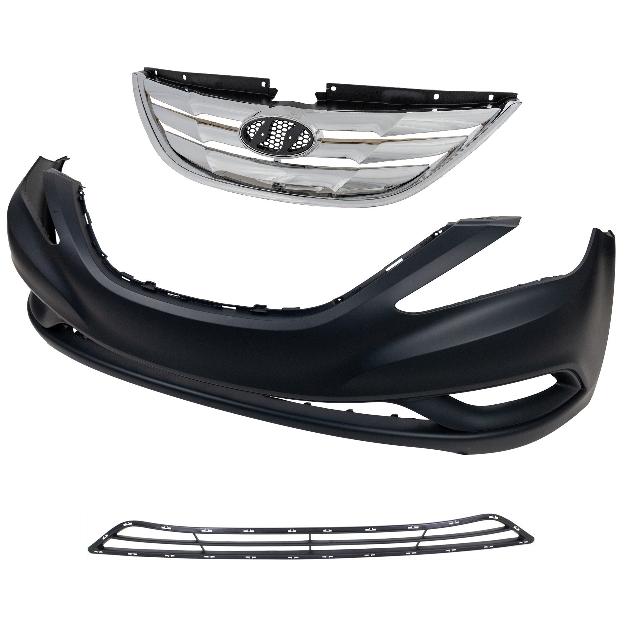3-Piece Kit Grille for 2011-2013 Hyundai Sonata, Type 1 Main Grille with Bumper Cover and Bumper Grille Replacement