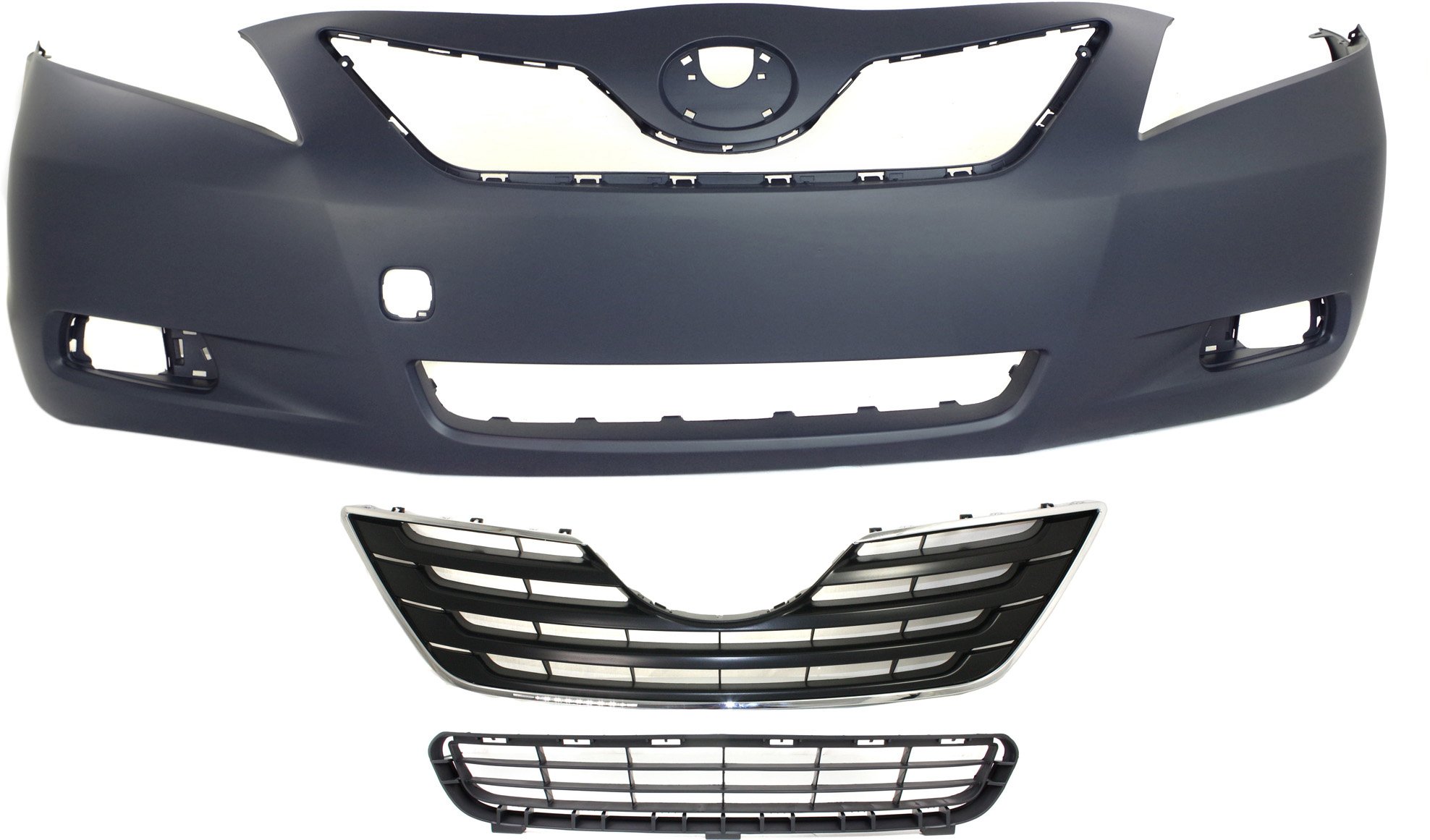 Front Bumper Cover for Toyota Camry 2007-2009, 3-Piece Kit with Bumper Grille and Grille, Replacement