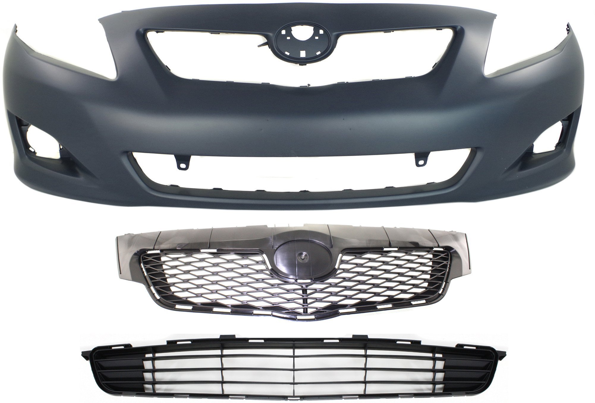 Front Bumper Cover for 2009-2010 Toyota Corolla, 3-Piece Kit with Bumper Grille and Grille, Replacement