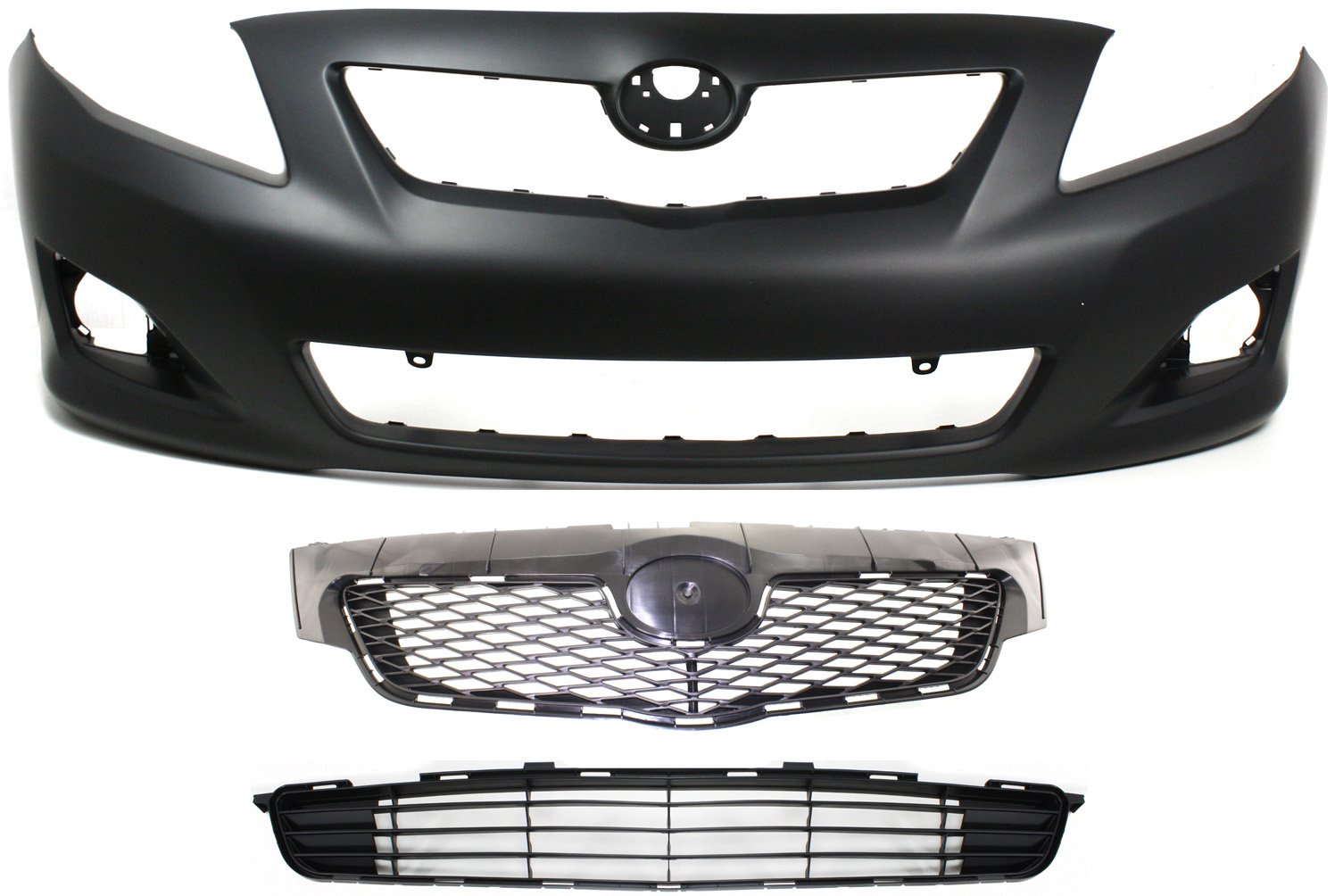 Front Bumper Cover for 2009-2010 Toyota Corolla, 3-Piece Kit with Bumper Grille and Grille, Replacement Part