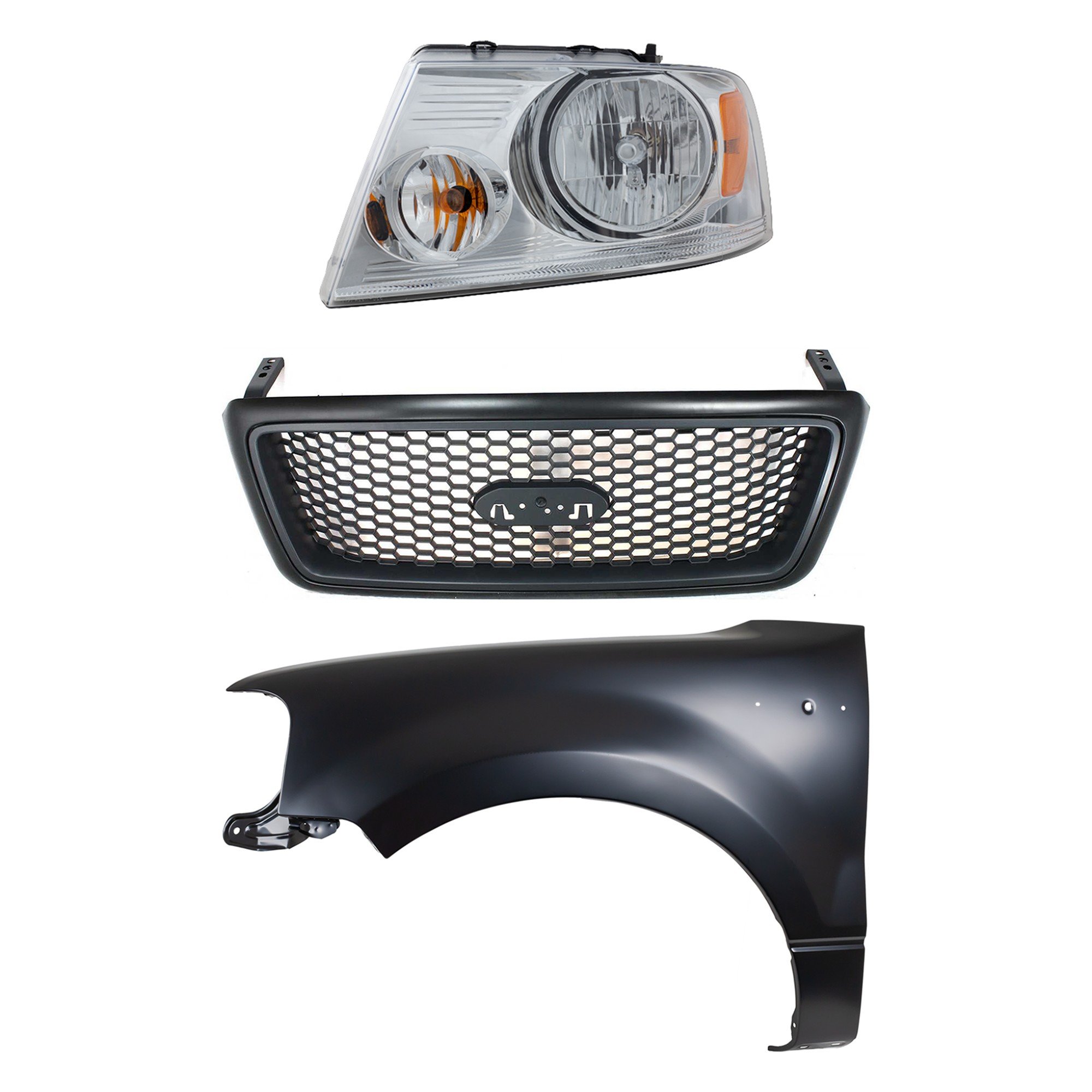 Headlight Assembly Kit for Ford F-150 2004-2006, Left (Driver) Halogen, 3-Piece with Fender and Grille Assembly, Replacement