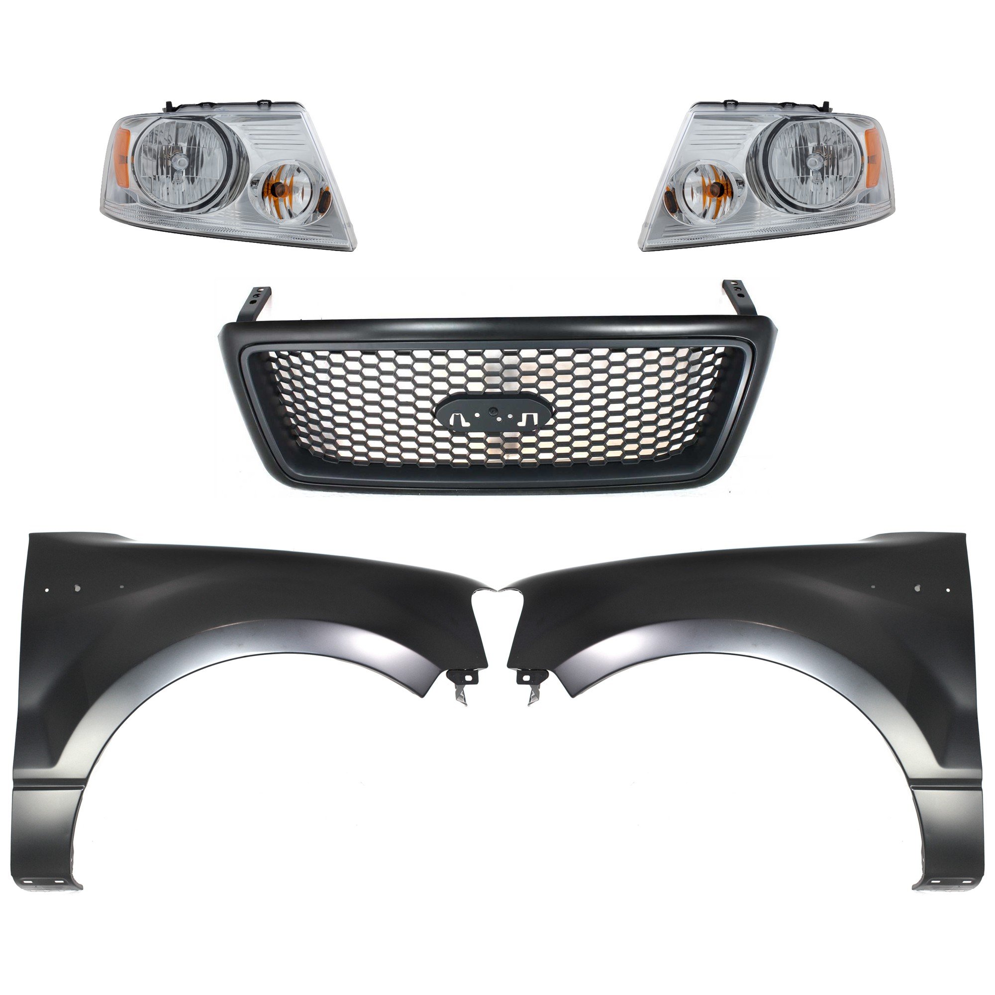 Headlight Assembly Kit for Ford F-150 (2004-2006) with Right (Passenger) and Left (Driver), Halogen, 5-Piece including Fenders and Grille Assembly Replacement