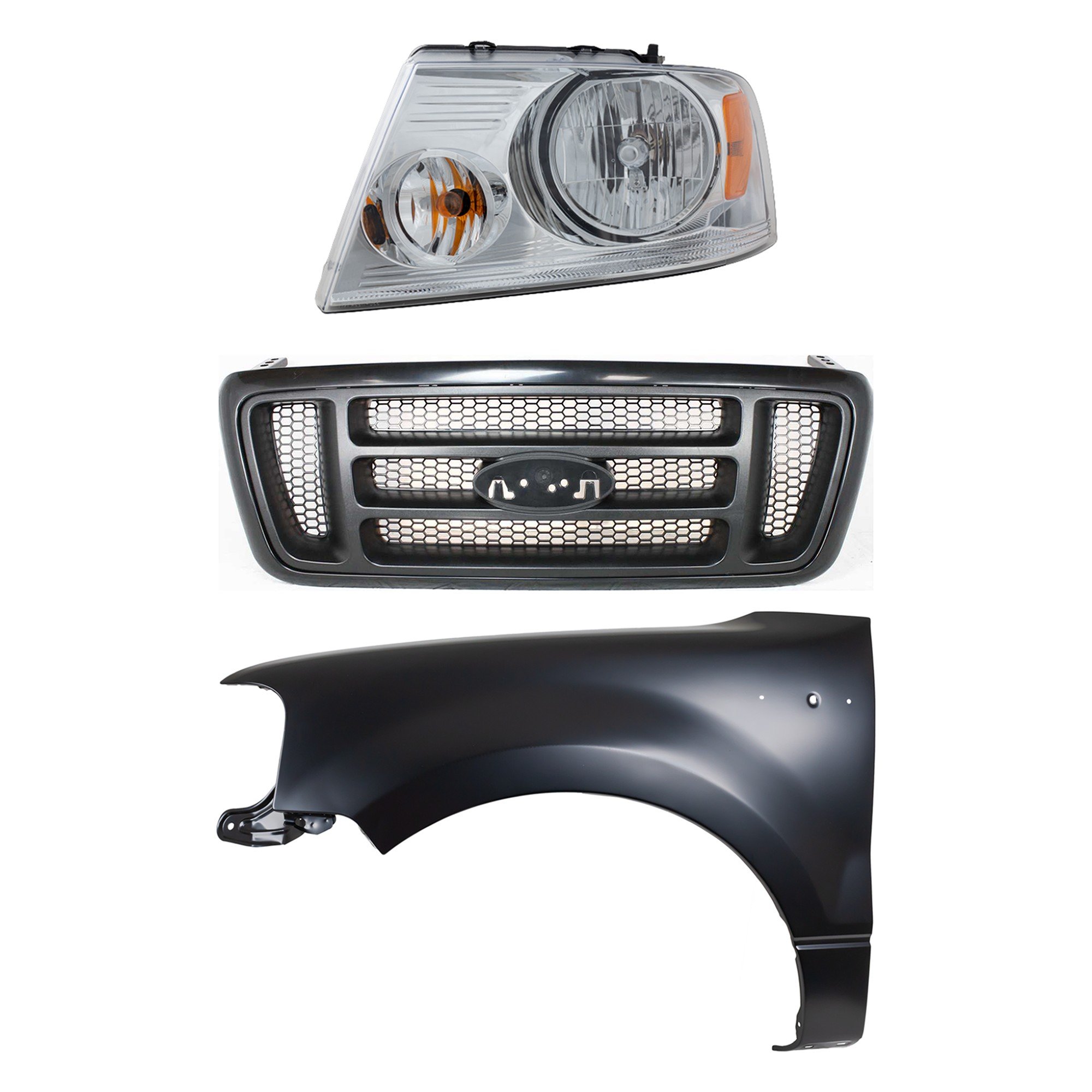 Headlight Assembly Kit for Ford F-150 2004-2006, Left (Driver), Halogen, 3-Piece Set, Includes Fender and Grille Assembly Replacement