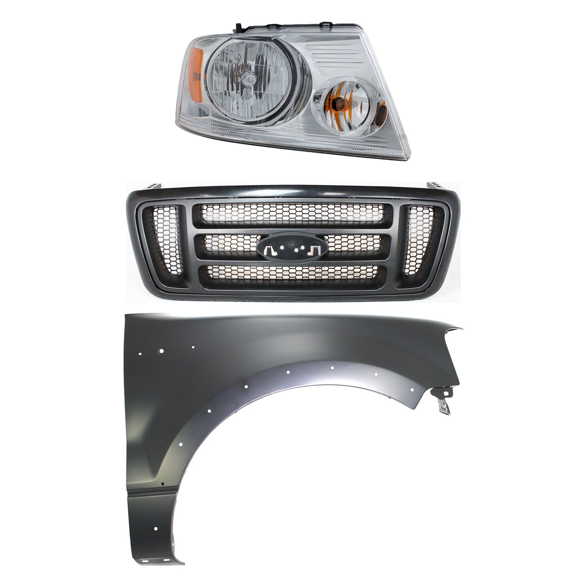 Headlight Assembly Kit for Ford F-150 2004-2006 Right (Passenger), Halogen, 3-Piece Kit, with Fender and Grille Assembly Replacement