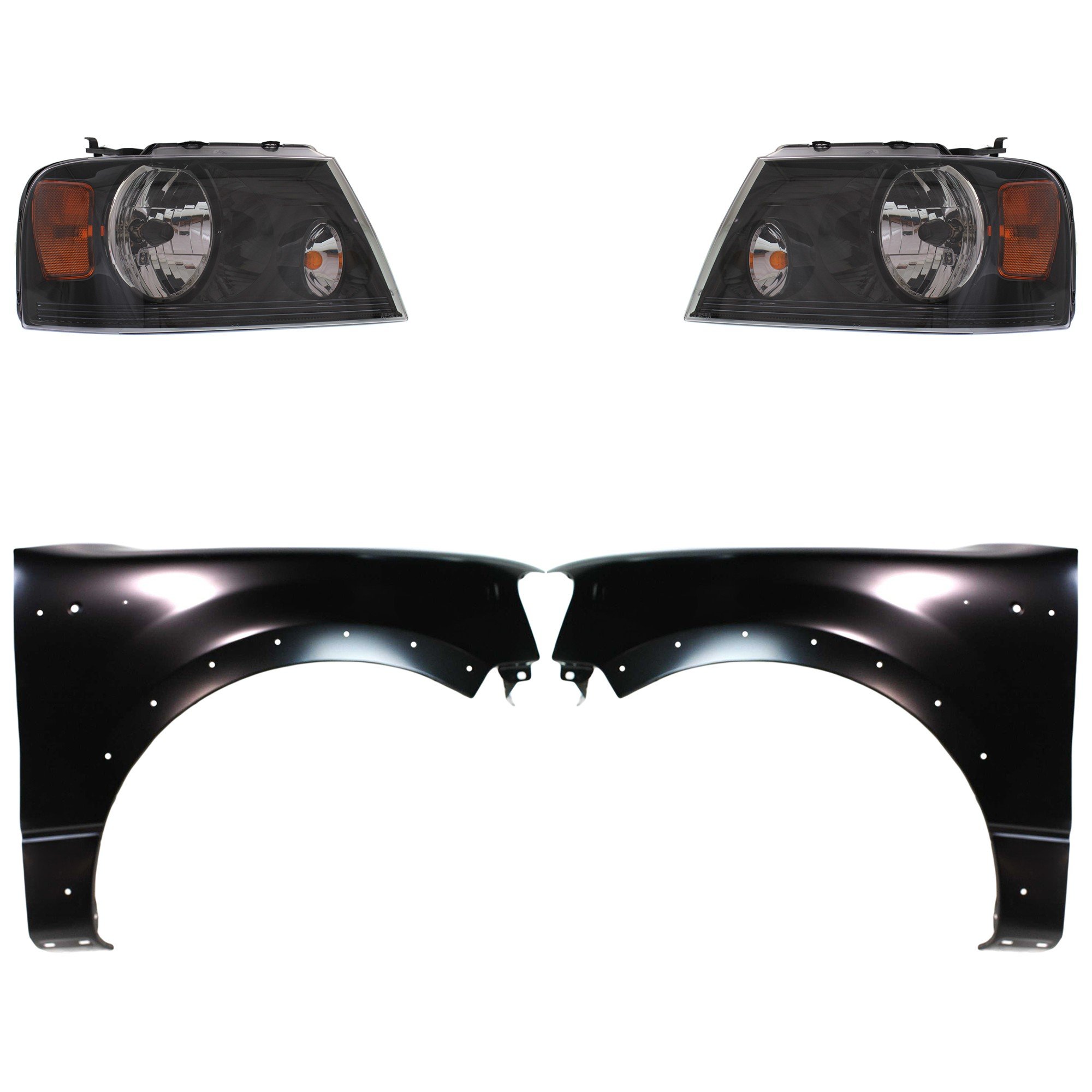 Headlight Assembly for Ford F-150 2004-2006, Right (Passenger) and Left (Driver), Halogen, 4-Piece Kit with Fenders, Replacement