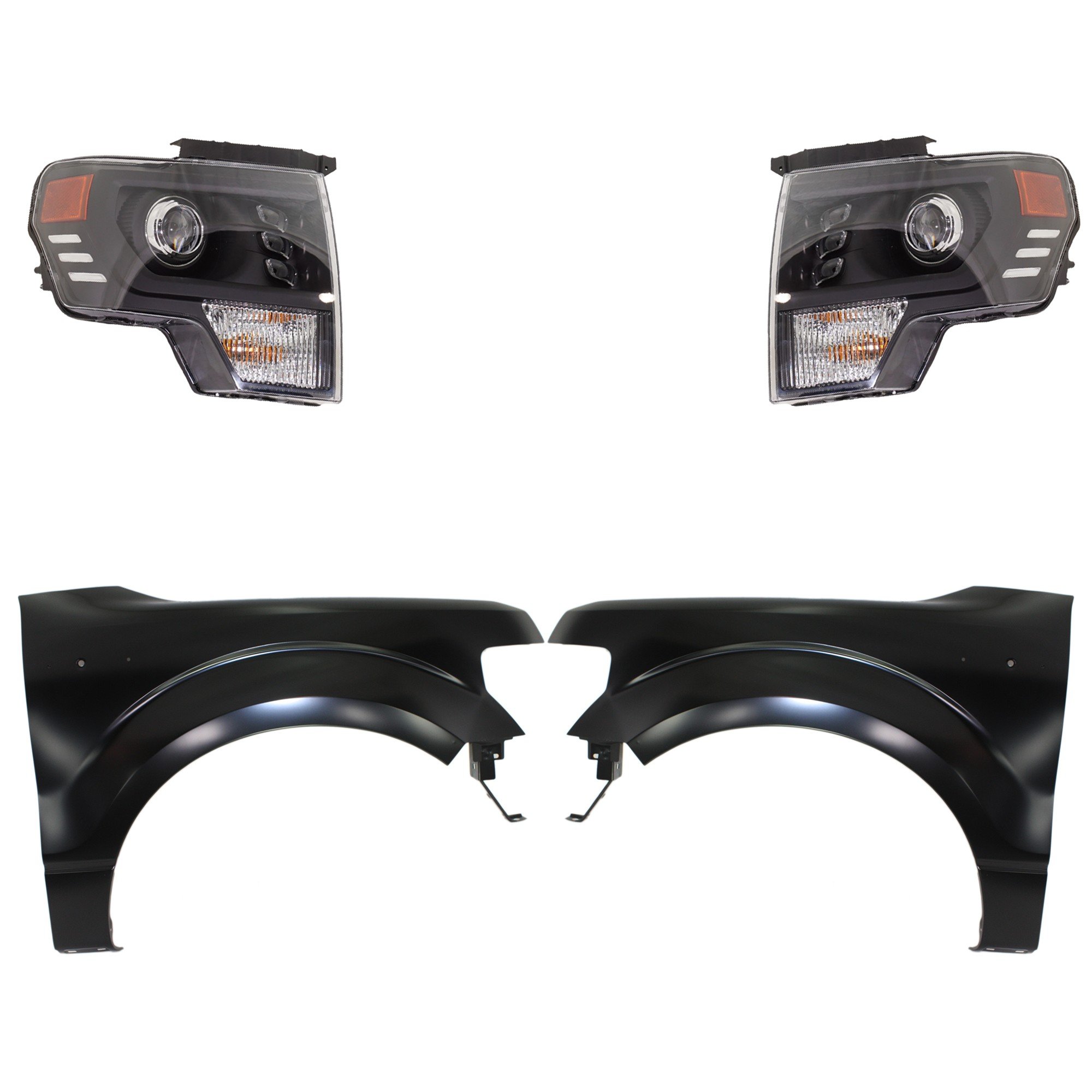 Headlight Assembly Kit for Ford F-150 2013-2014 Right (Passenger) and Left (Driver) LED, 4-Piece Kit, with Fenders Replacement