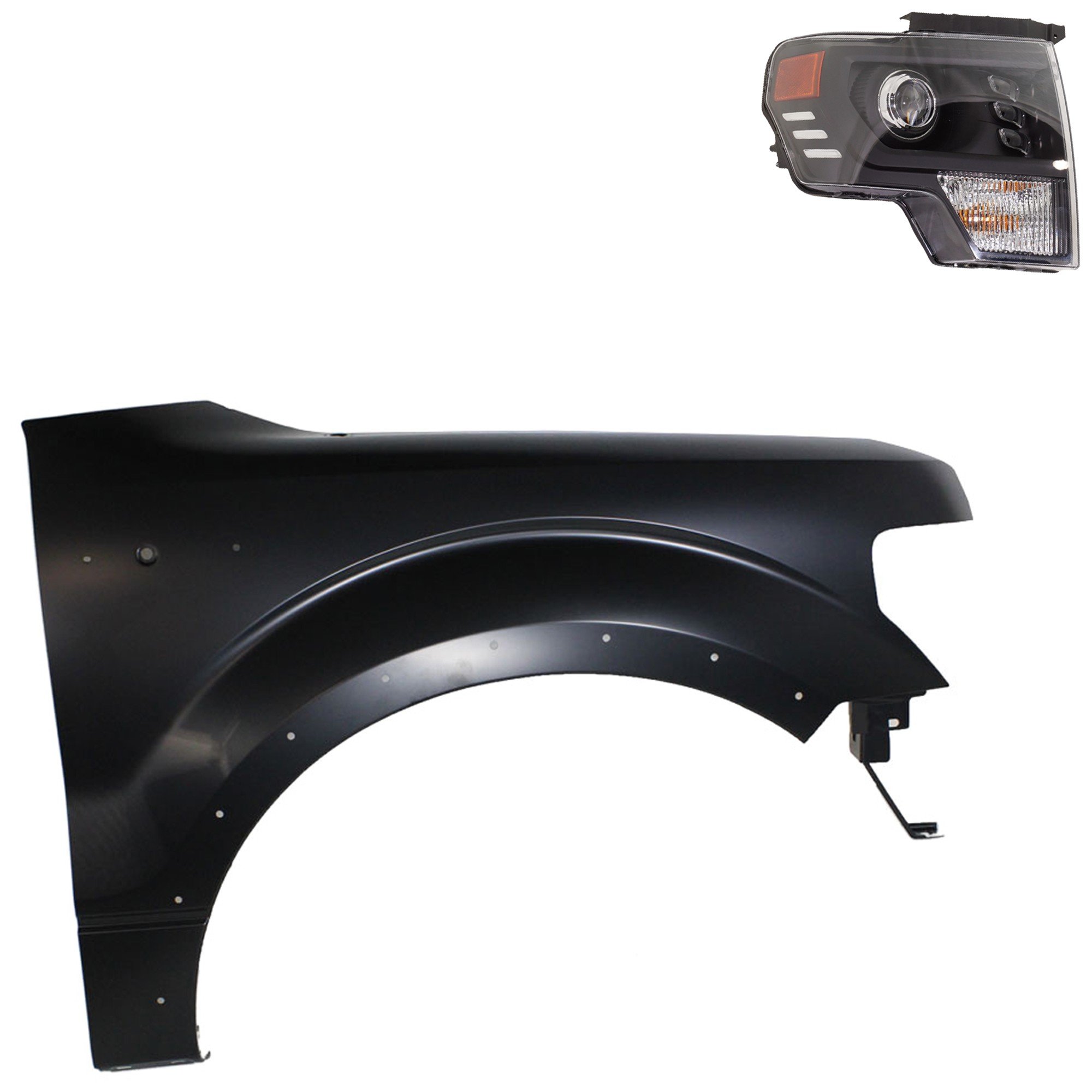 Headlight Assembly Kit for Ford F-150 2013-2014, Right (Passenger) Side, LED, with Fender, 2-Piece Set, Replacement