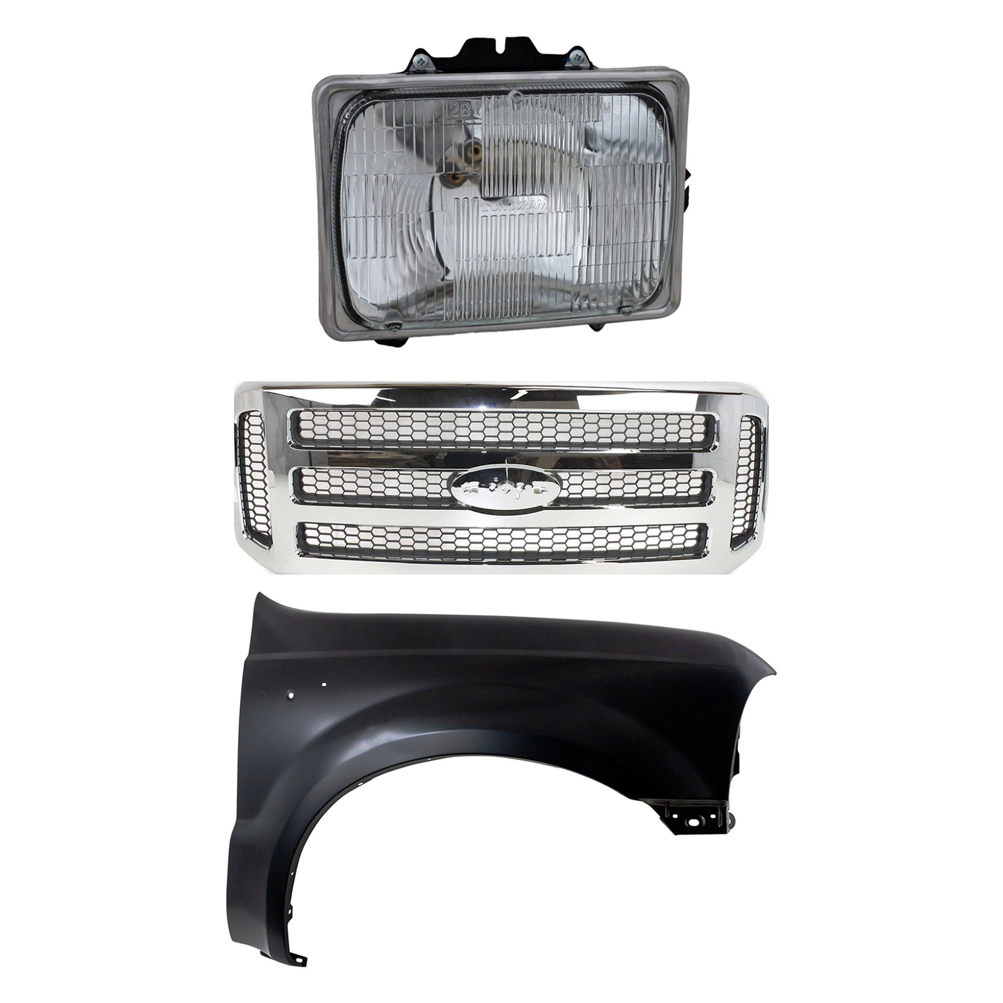 3-Piece Kit Grille for Ford F-250/F-350 Super Duty 2005-2007, Chrome Shell with Painted Gray Insert, with Fender and Headlight Replacement