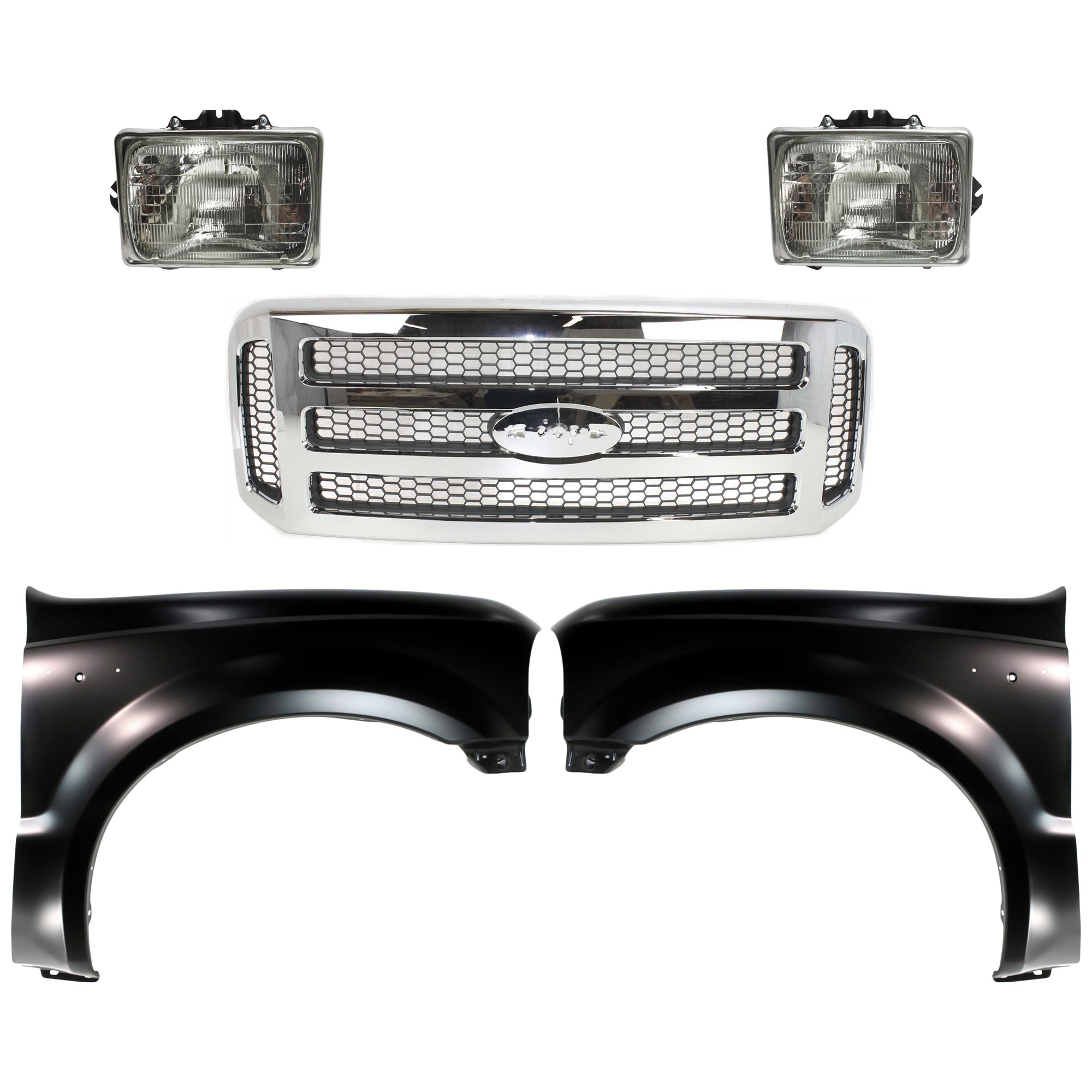 Grille Kit for 2005-2007 Ford F-250 Super Duty/F-350 Super Duty, Chrome Shell with Painted Gray Insert, 5-Piece Set, Includes Fenders and Headlights, Replacement