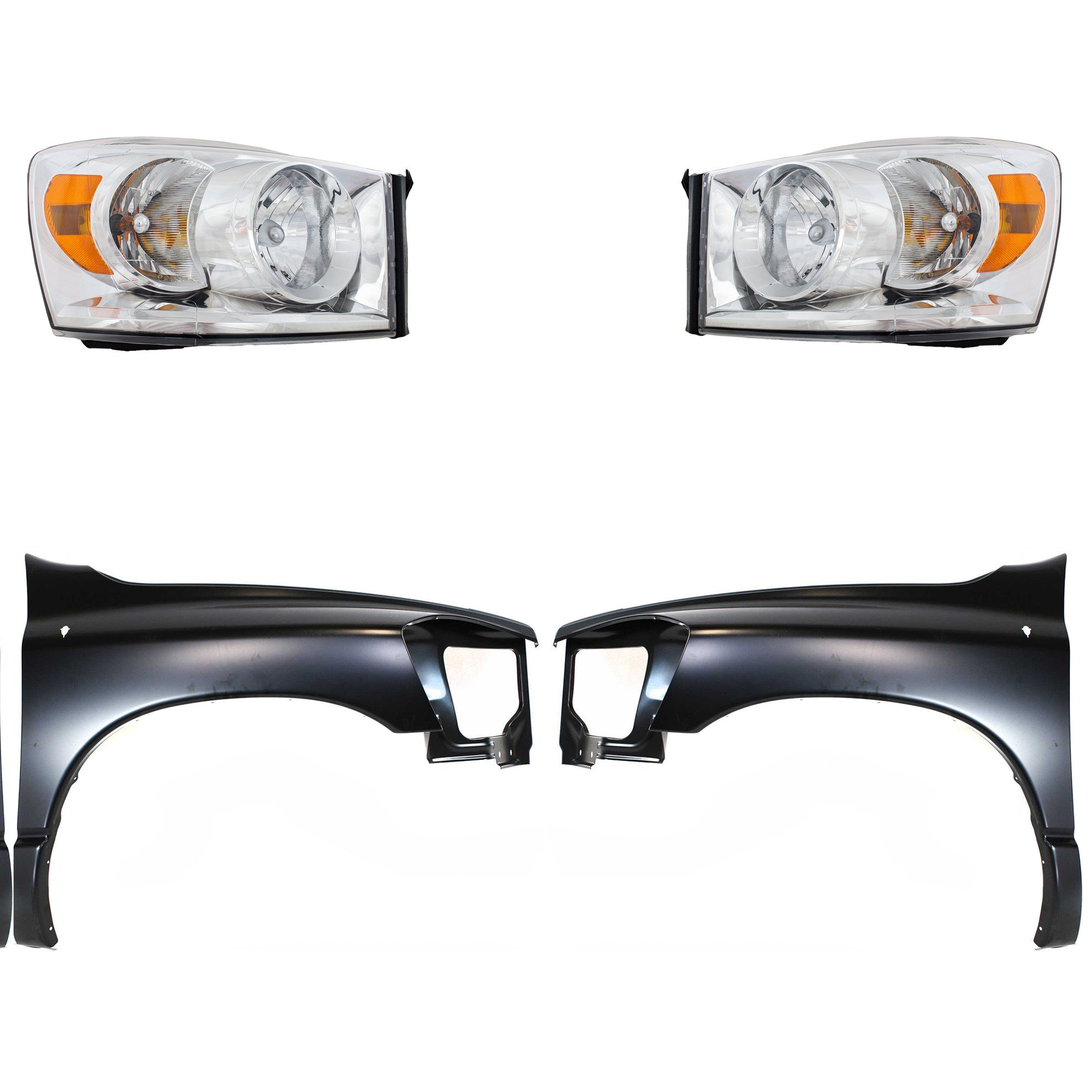 Headlight Assembly Kit for Dodge Ram 1500 (2006-2008), Ram 2500/Ram 3500 (2006-2009) - Right (Passenger) and Left (Driver), Halogen, 4-Piece Kit with Fenders, Replacement