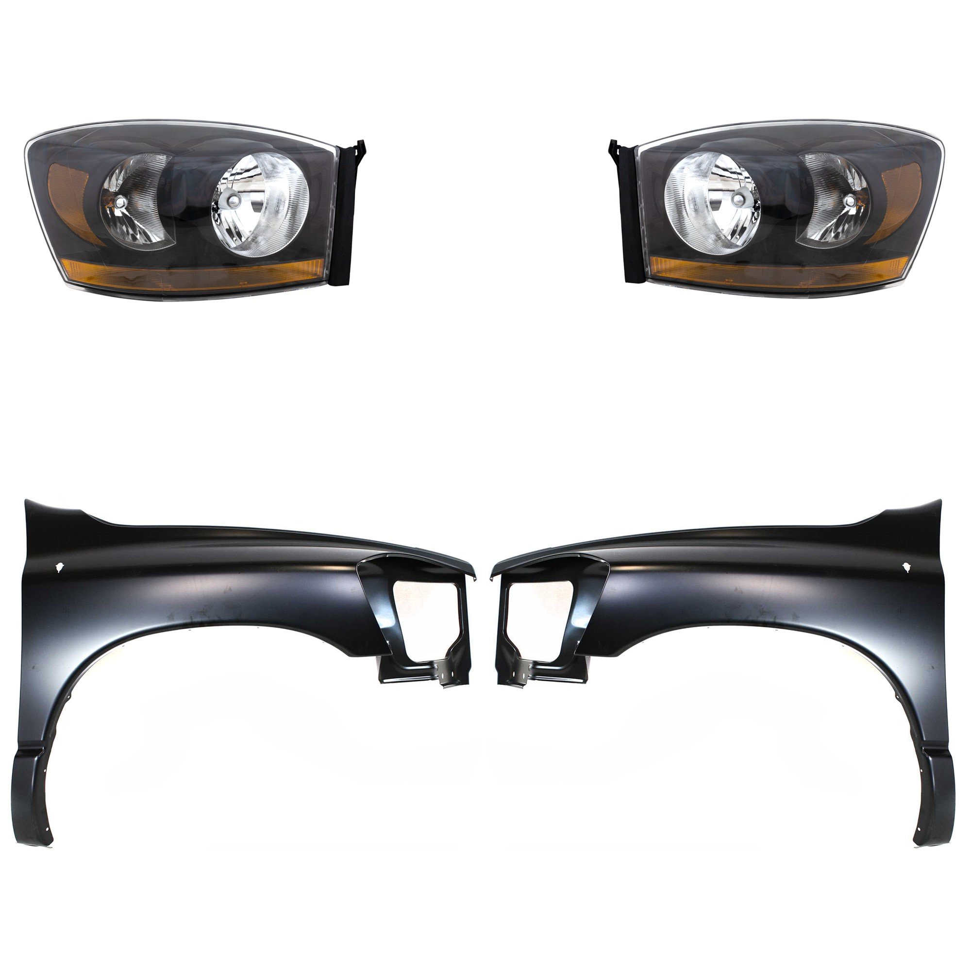 Headlight Assembly for DODGE RAM 1500 (2006-2008), RAM 2500/RAM 3500 (2006-2009), Right (Passenger) and Left (Driver), Halogen, 4-Piece Kit, with Fenders, Replacement