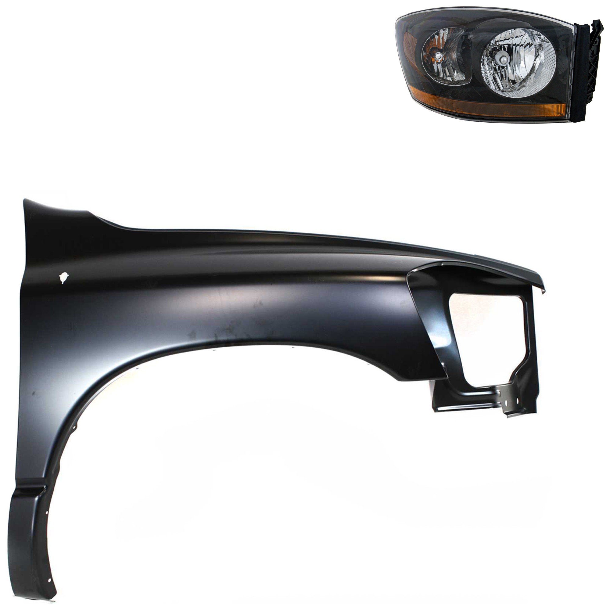 Headlight Assembly Kit for Dodge Ram 1500 (2006-2008) / Ram 2500/Ram 3500 (2006-2009), Right (Passenger) Side, 2-Piece Halogen with Fender, Replacement
