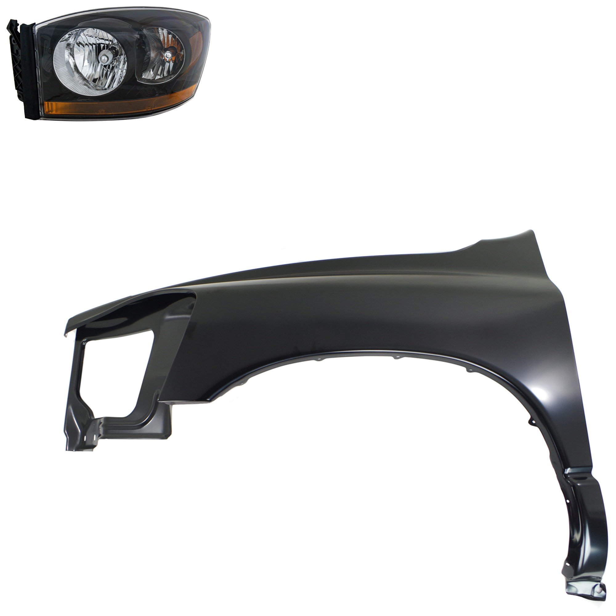 Headlight Assembly Kit for Dodge Ram 1500 (2006-2008), Ram 2500/Ram 3500 (2006-2009), Left (Driver) Side, Halogen, 2-Piece Set, with Fender, Replacement
