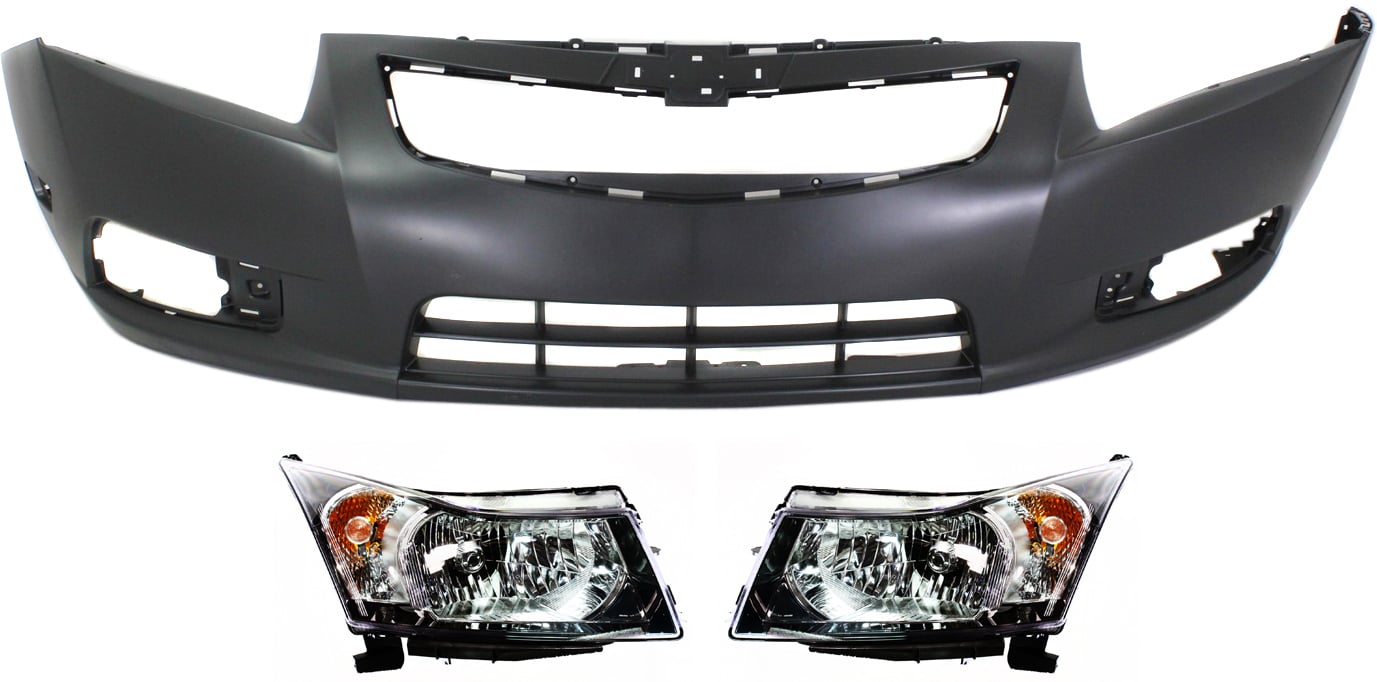 Headlight Assembly Kit for 2011-2012 Chevrolet Cruze, Right (Passenger) and Left (Driver), Halogen, 3-Piece set with Bumper Cover, Replacement
