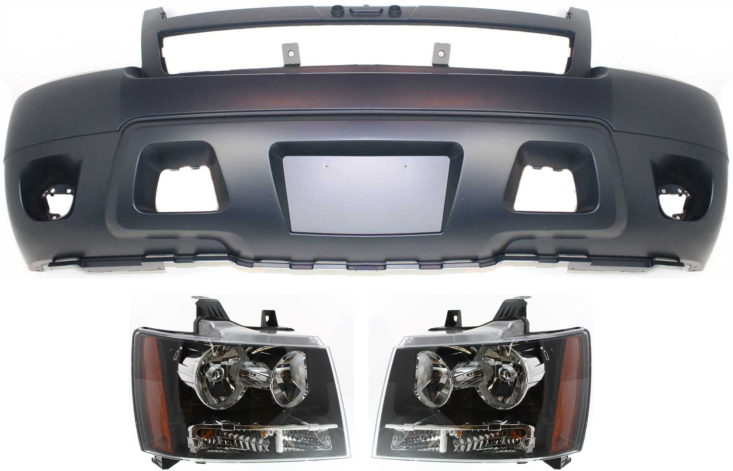 Headlight Assembly for Chevrolet Suburban 1500/Tahoe 2007-2014, Right (Passenger) and Left (Driver), 3-Piece Kit, Halogen, with Bumper Cover, Replacement
