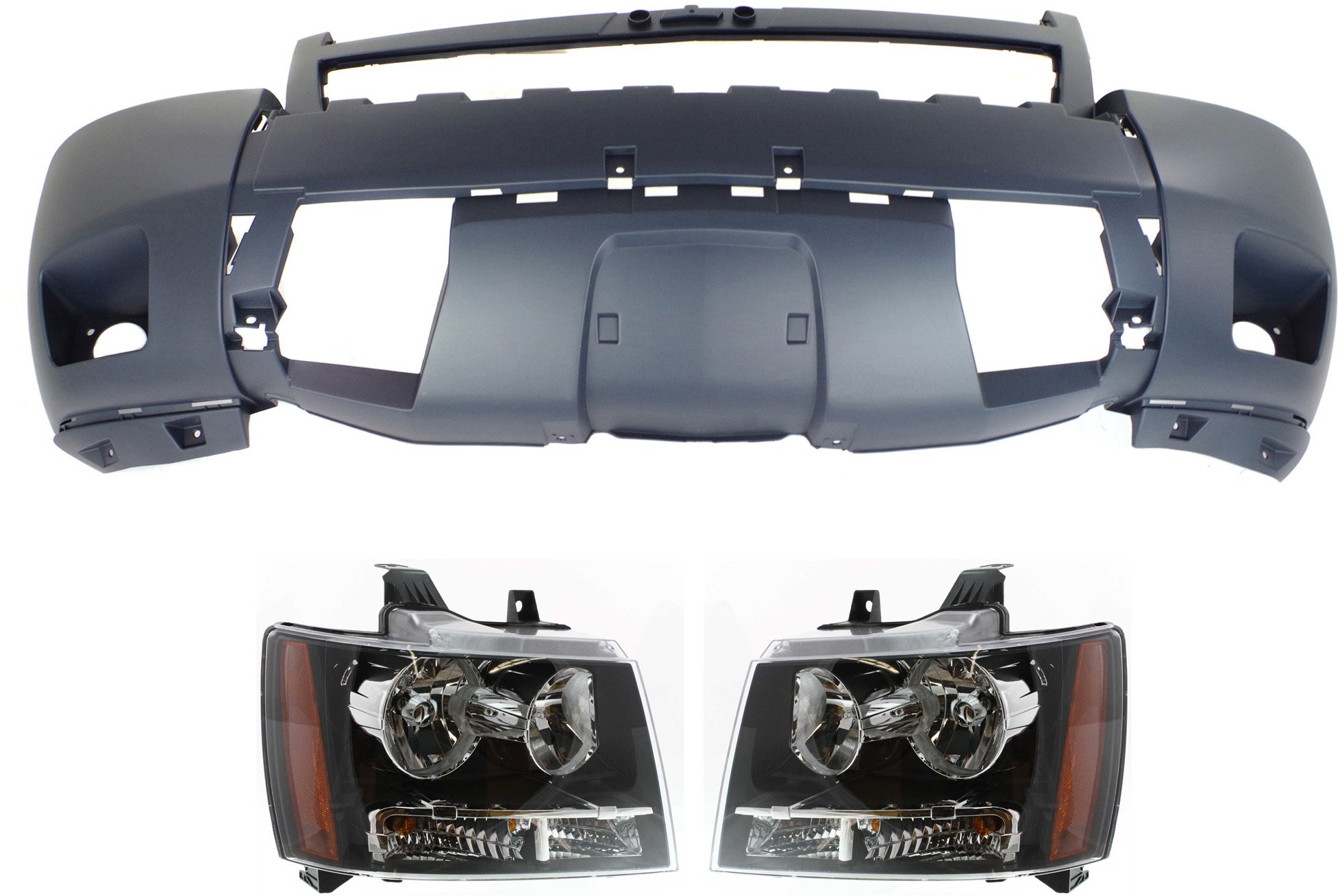 Headlight Assembly Kit for Chevrolet Suburban 1500/Tahoe 2007-2014, Right (Passenger) and Left (Driver), Halogen, 3-Piece with Bumper Cover, Replacement