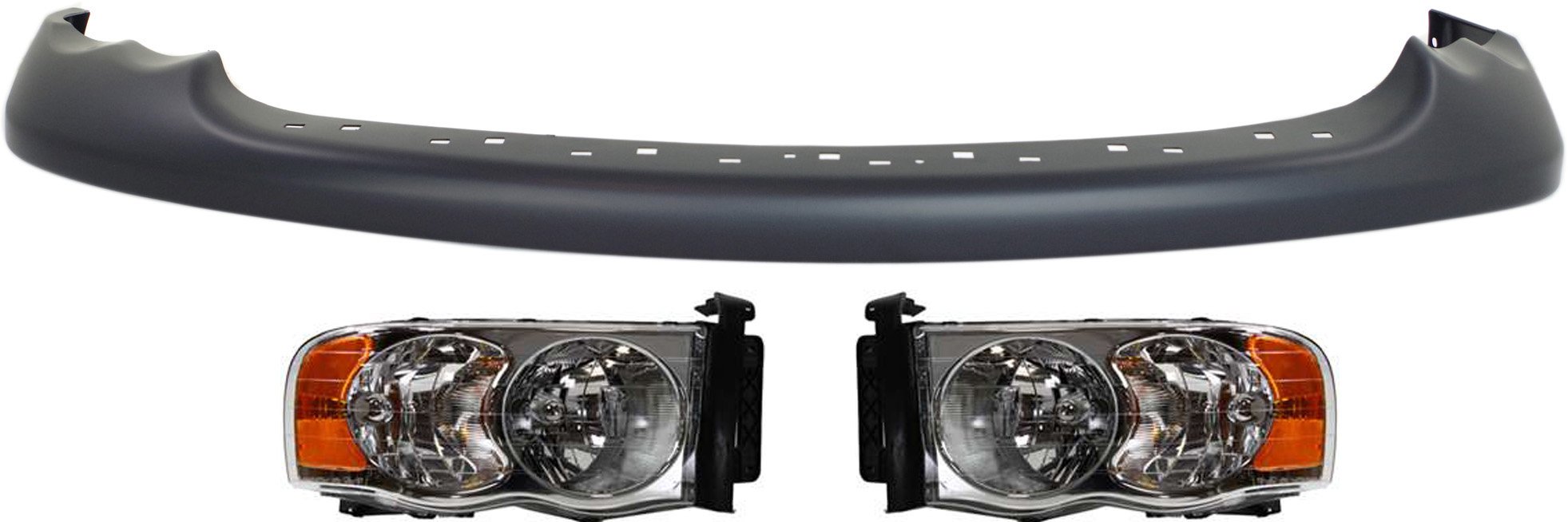Headlight Assembly Kit for Dodge Full Size Pickup 2002-2005, Right (Passenger) and Left (Driver) Halogen, 3-Piece with Valance, Replacement