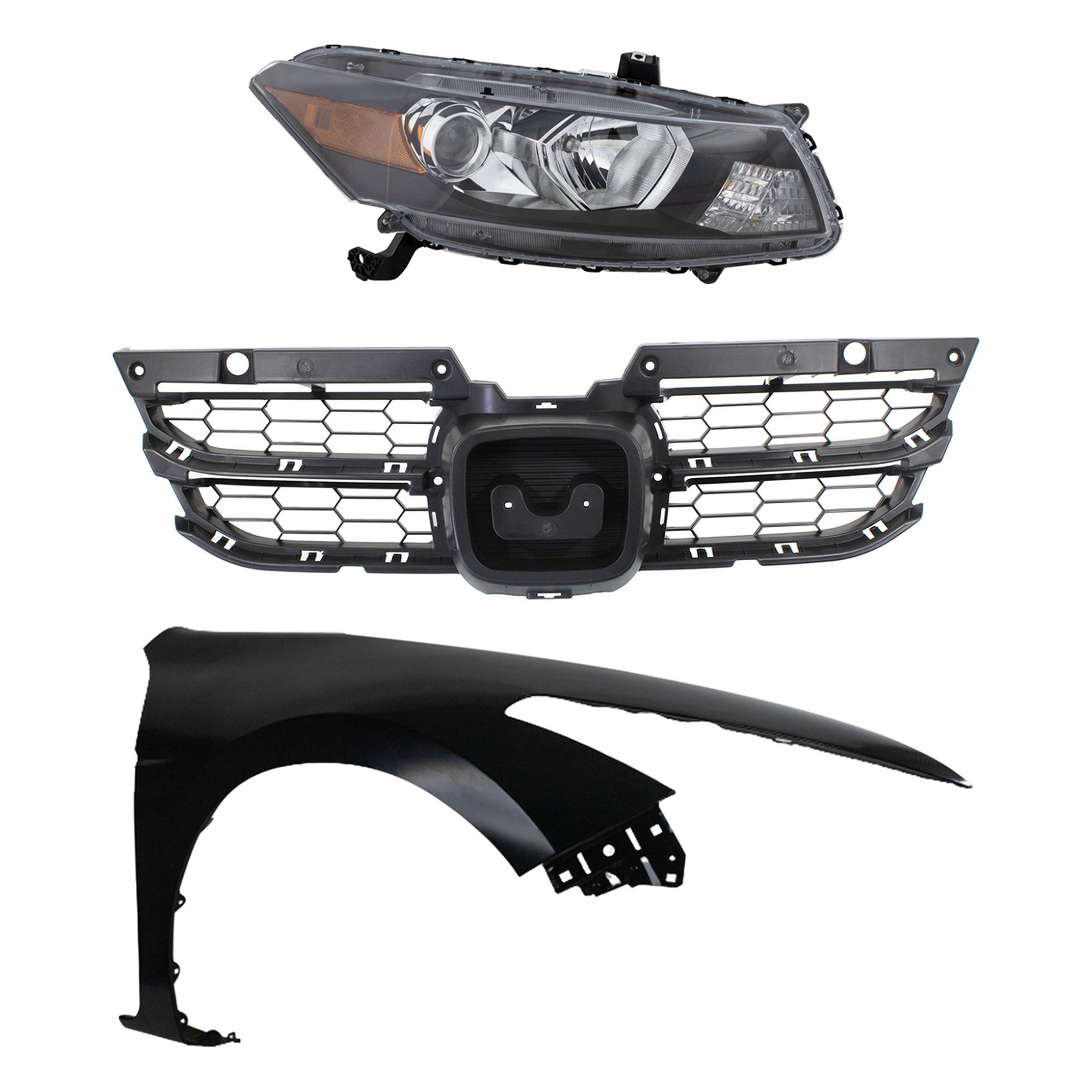 Headlight Assembly Kit for 2011-2012 Honda Accord, Right (Passenger) Halogen, 3-Piece Set with Fender and Grille Assembly Replacement