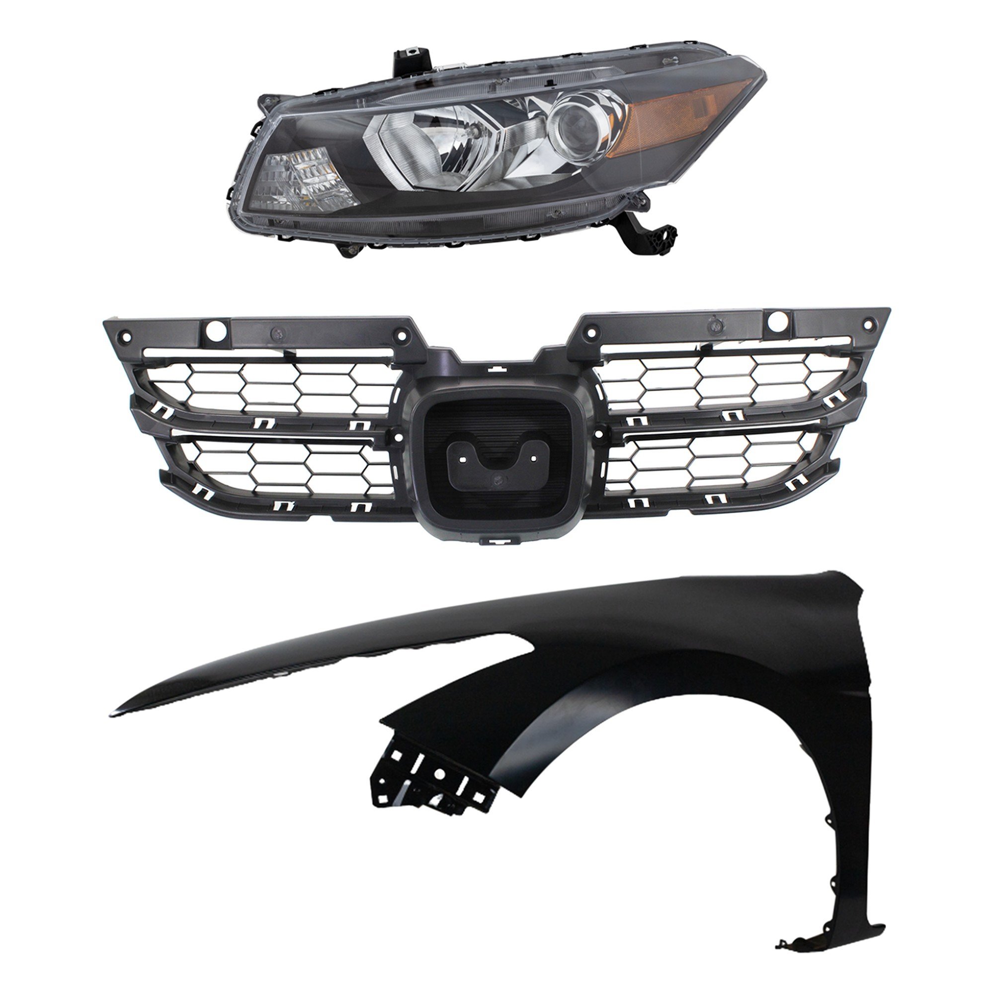 Headlight Assembly kit for 2011-2012 Honda Accord, Left (Driver) Side, Halogen, 3-Piece Set, Includes Fender and Grille Assembly, Replacement