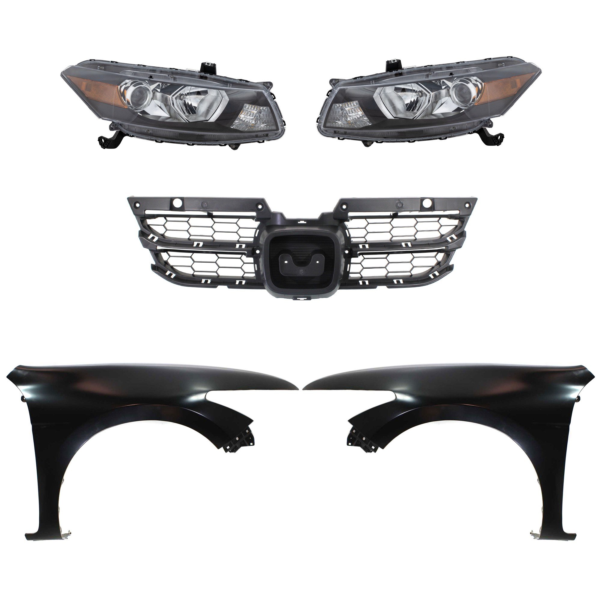 Headlight Assembly Kit for 2011-2012 Honda Accord, Right (Passenger) and Left (Driver), Halogen, 5-Piece Kit, with Fenders and Grille Assembly, Replacement