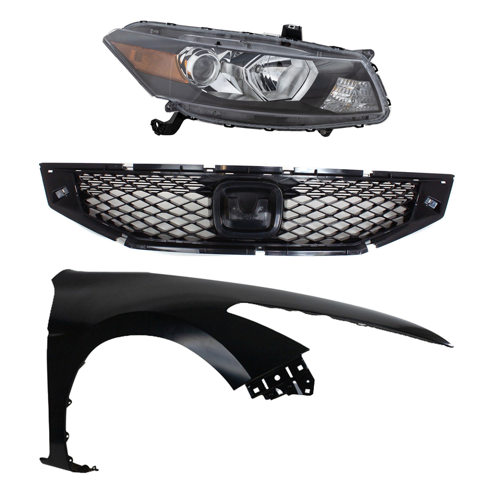 Headlight Assembly Kit for 2008-2010 Honda Accord, Right (Passenger) Side, Halogen, 3-Piece Set with Fender and Grille Assembly, Replacement