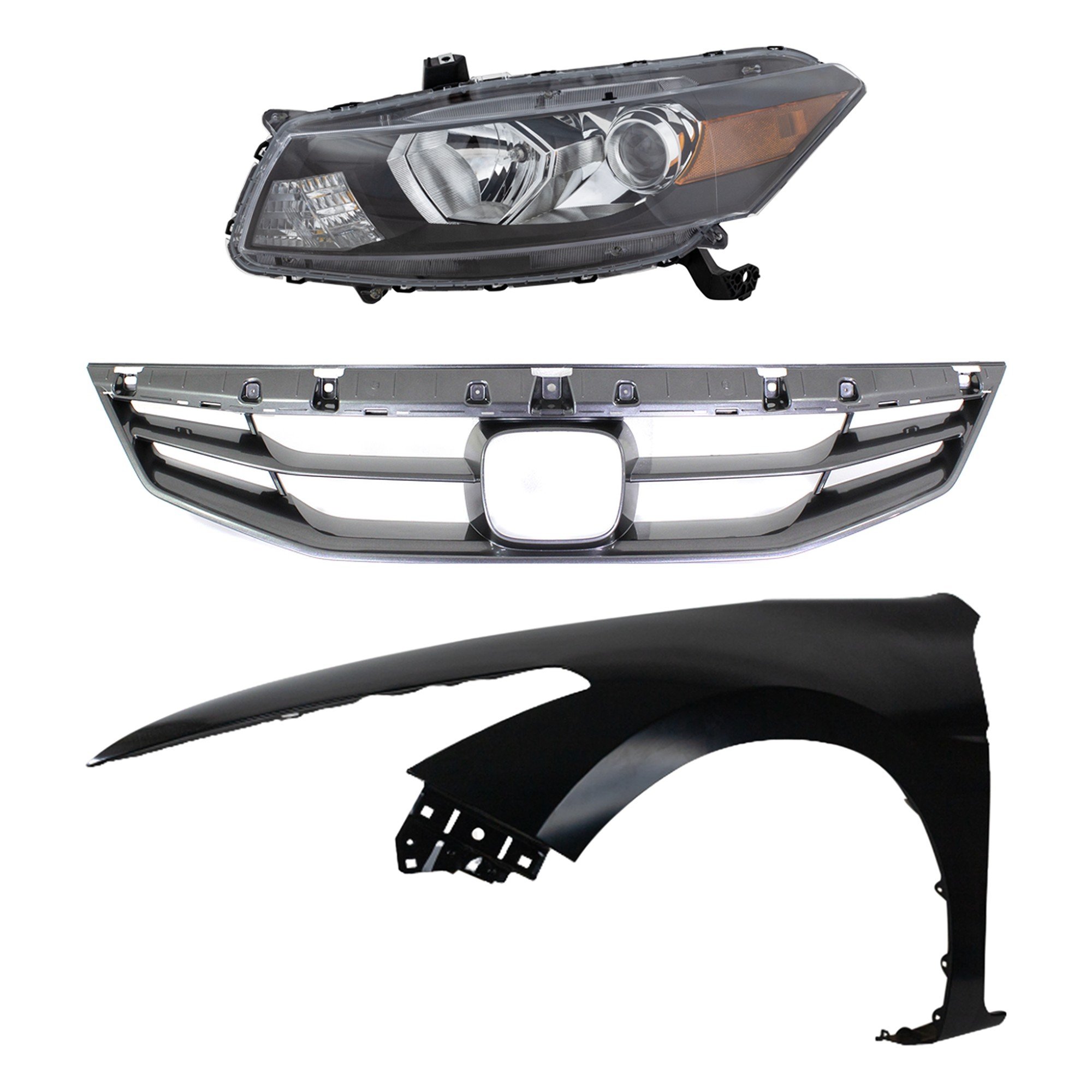 Headlight Assembly for 2011-2012 Honda Accord, Left (Driver), Halogen, 3-Piece Kit with Fender and Grille Assembly Replacement