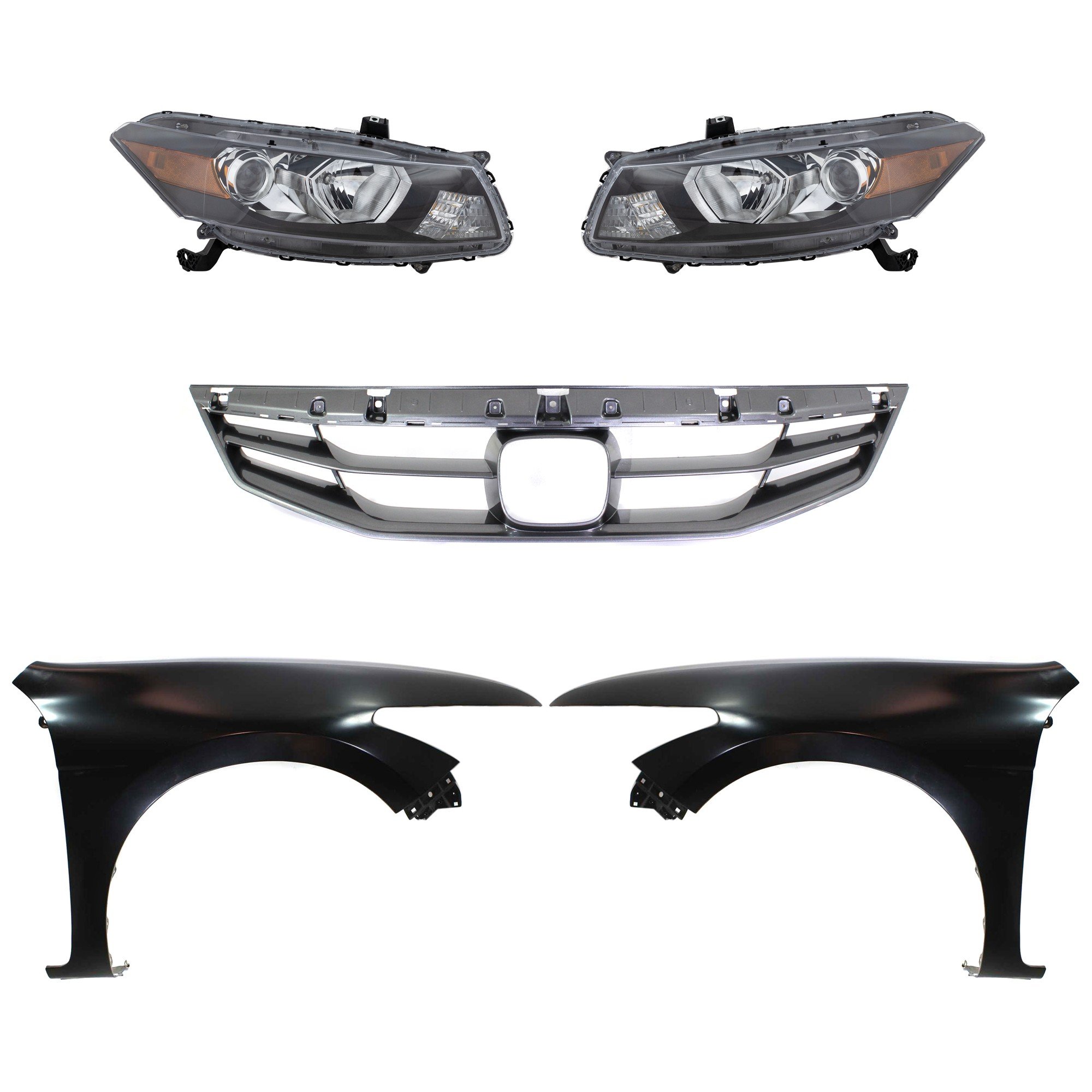 Headlight Assembly Kit for Honda Accord 2011-2012, Right (Passenger) and Left (Driver) Sides, Halogen, 5-Piece with Fenders and Grille Assembly, Replacement