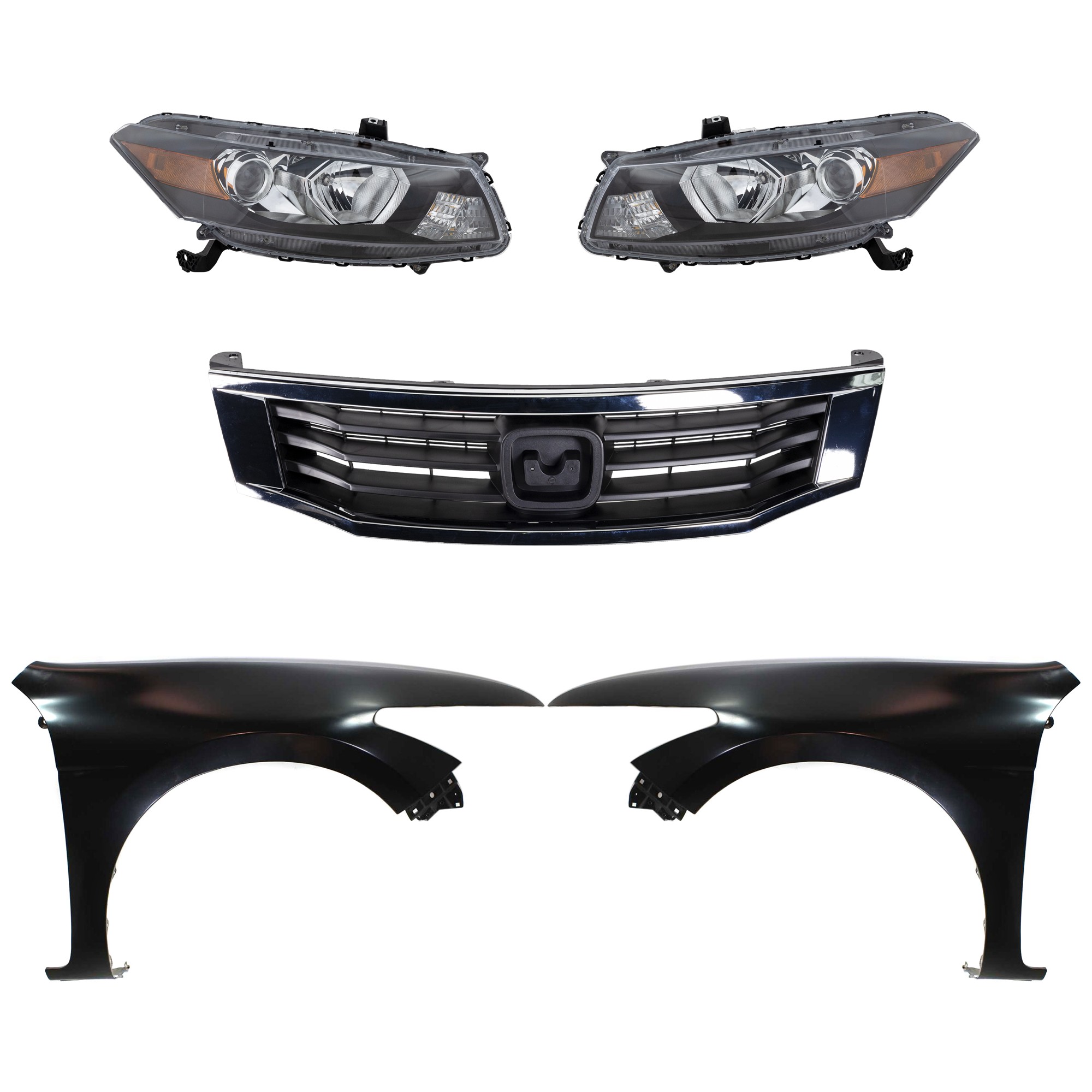 Headlight Assembly for 2008-2010 Honda Accord, Right (Passenger) and Left (Driver), Halogen, 5-Piece Kit with Fenders and Grille Assembly Replacement