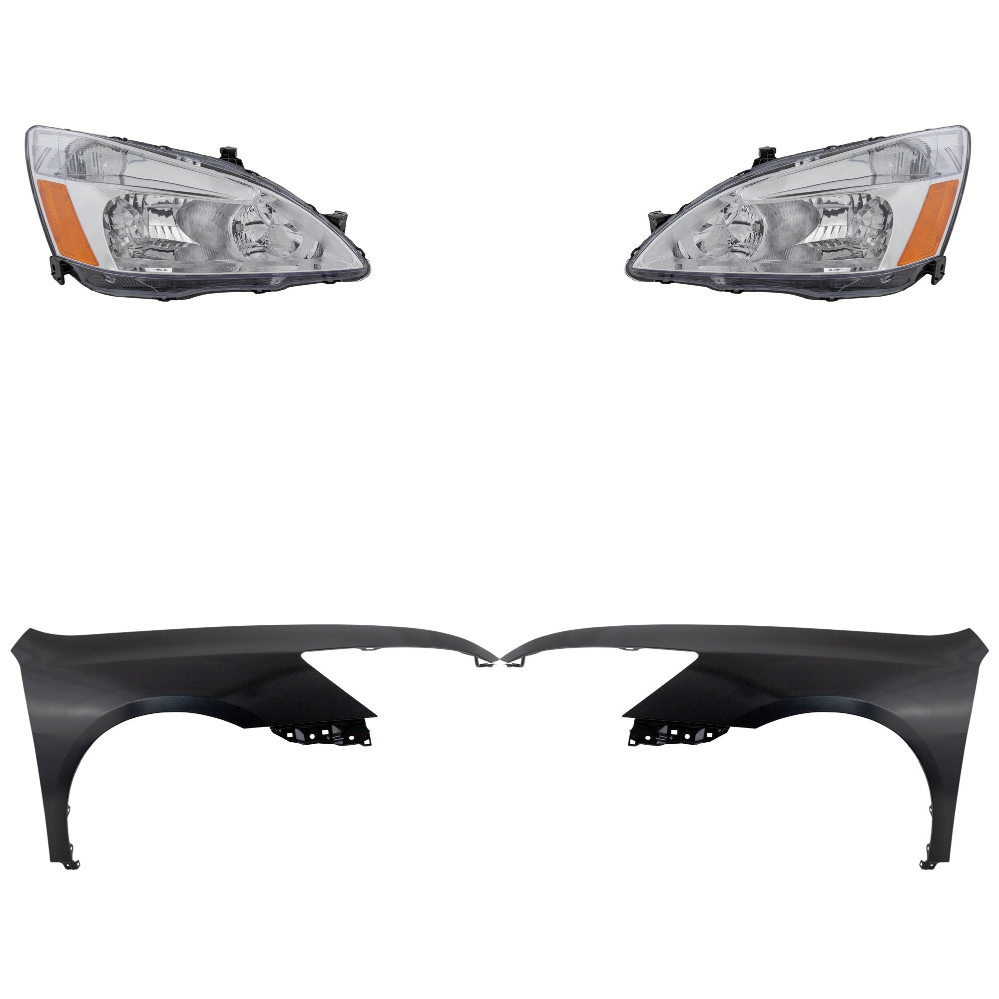 Headlight Assembly Kit for 2003-2007 Honda Accord, Includes Right (Passenger) and Left (Driver), Halogen, 4-Piece Set with Fenders, Replacement