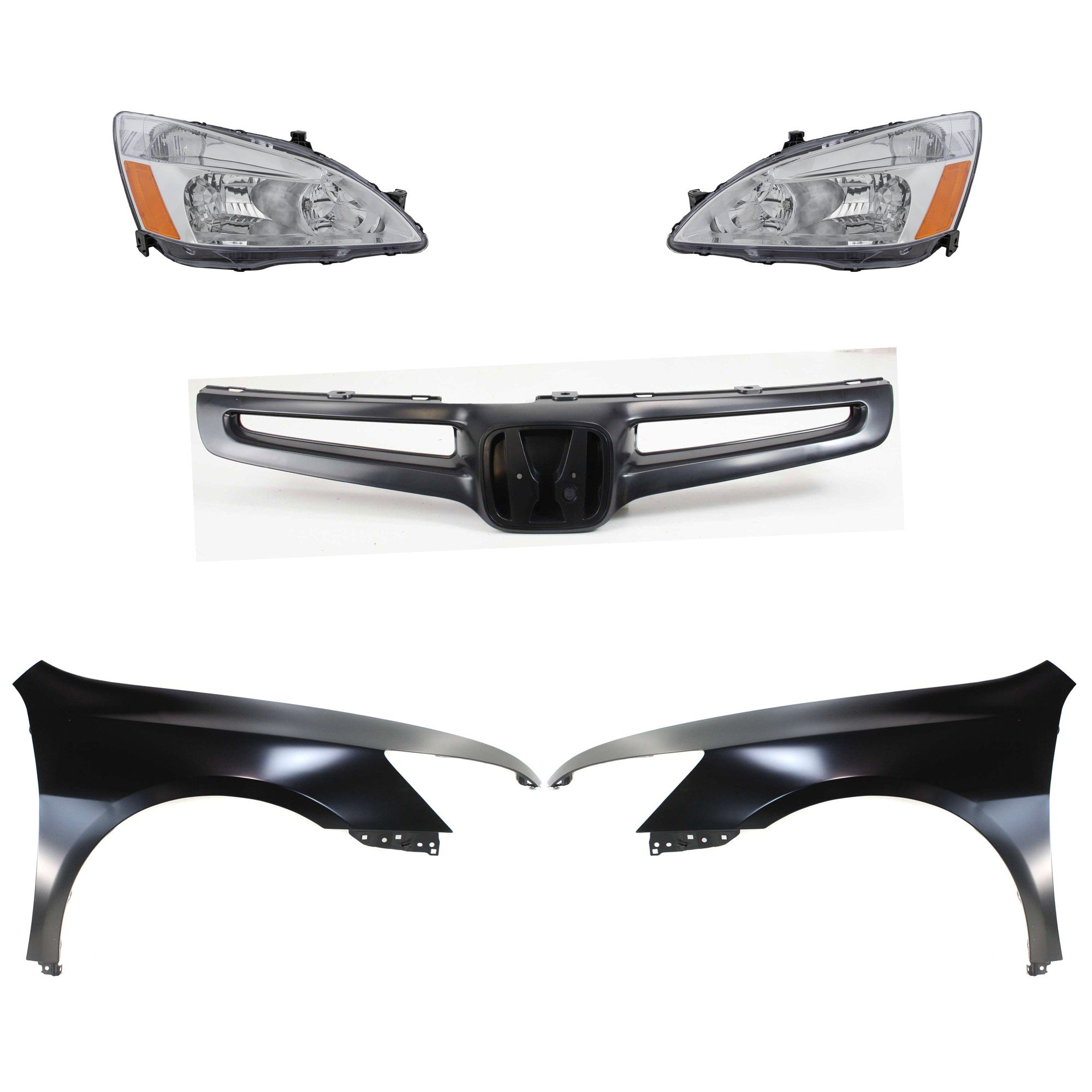 Headlight Assembly Kit for 2003-2005 Honda Accord, Right (Passenger) and Left (Driver), Halogen, 5-Piece Kit, with Fenders and Grille Assembly Replacement