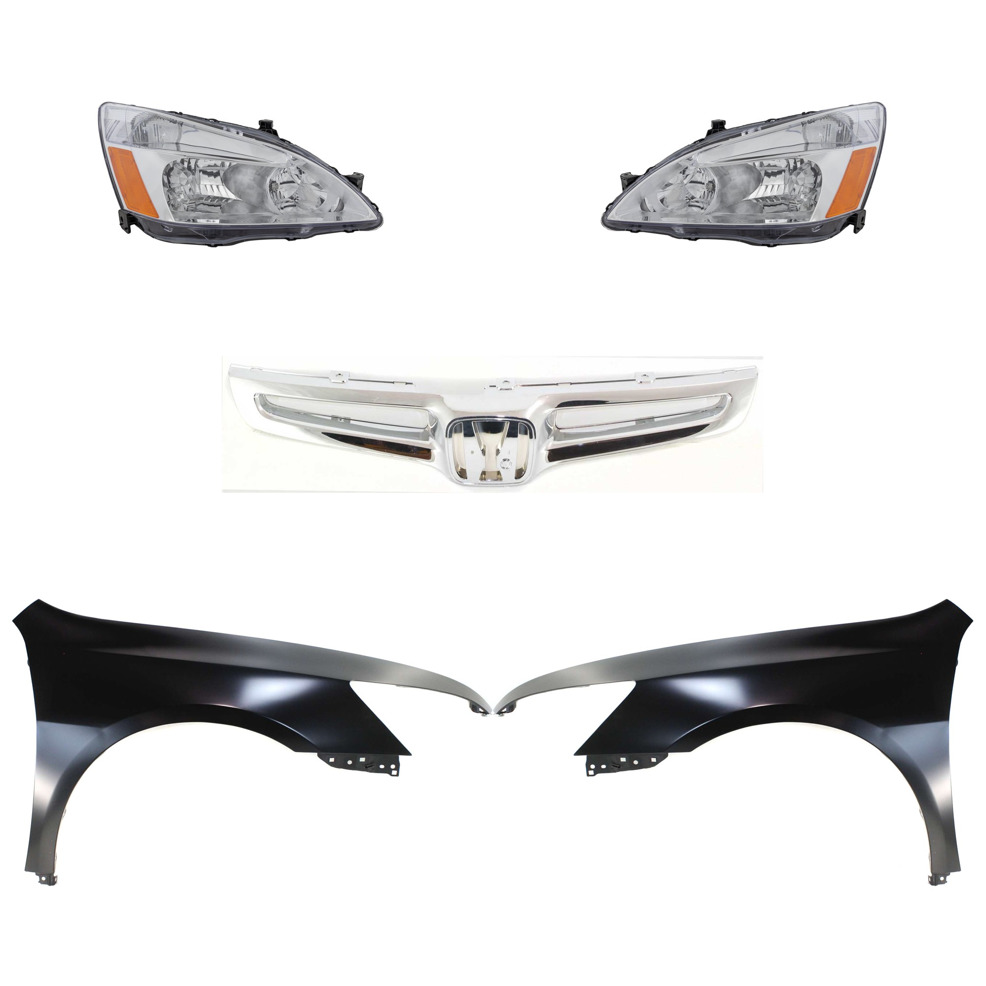 Headlight Assembly Kit for 2003-2005 Honda Accord, Right (Passenger) and Left (Driver), Halogen, 5-Piece with Fenders and Grille Assembly, Replacement