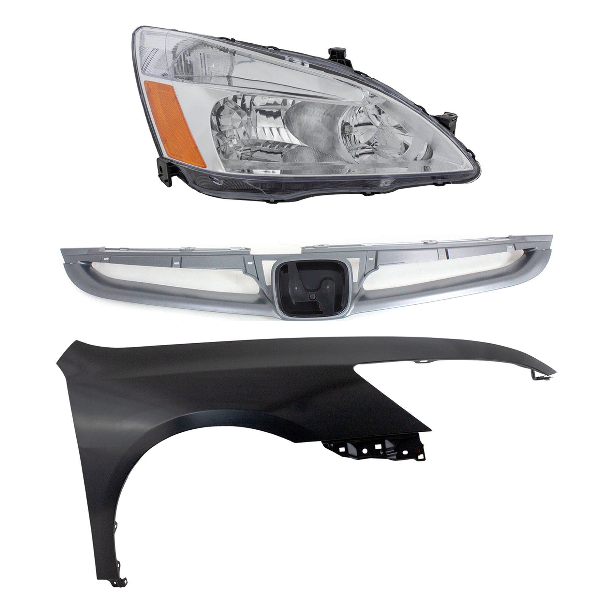 Headlight Assembly Kit for HONDA ACCORD 2006-2007, Right (Passenger) Side, Halogen, 3-Piece Kit with Fender and Grille, Replacement