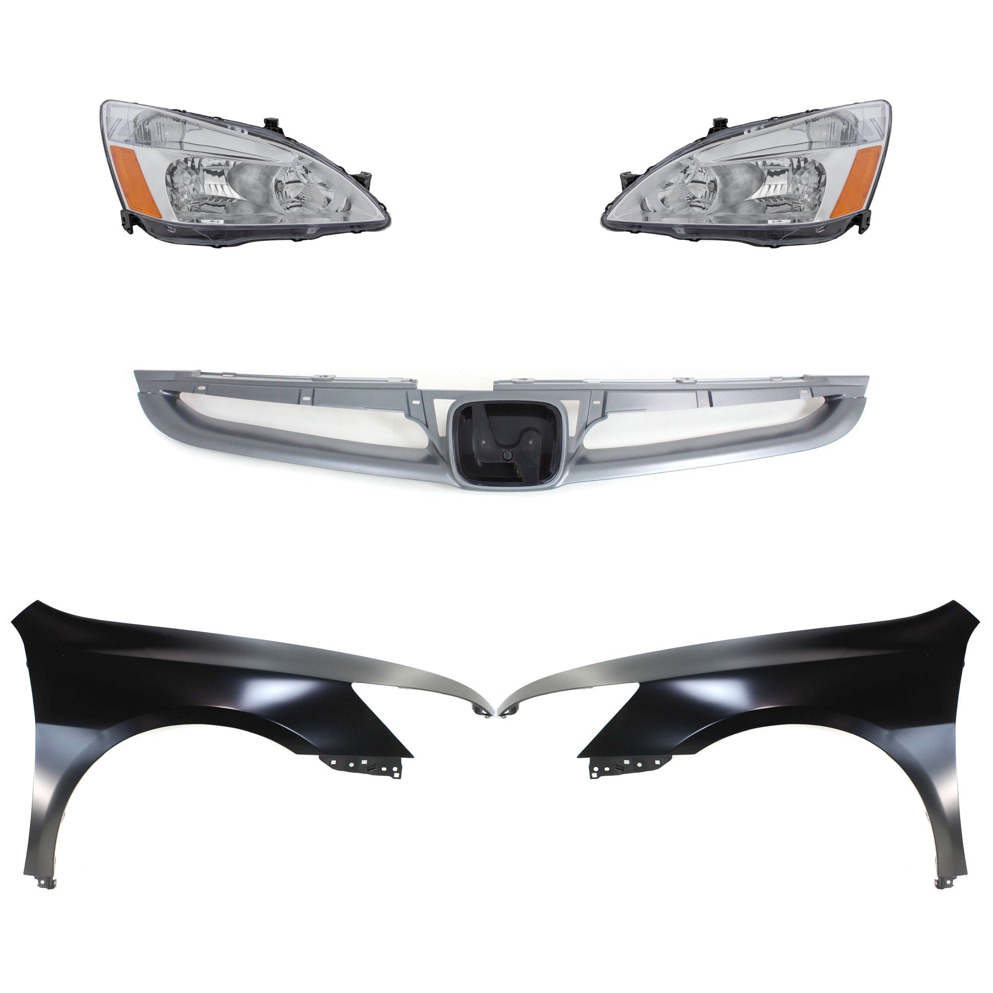 Headlight Assembly Kit for 2006-2007 Honda Accord, Includes Right (Passenger) and Left (Driver) Halogen Lights, 5-Piece Set with Fenders and Grille, Replacement
