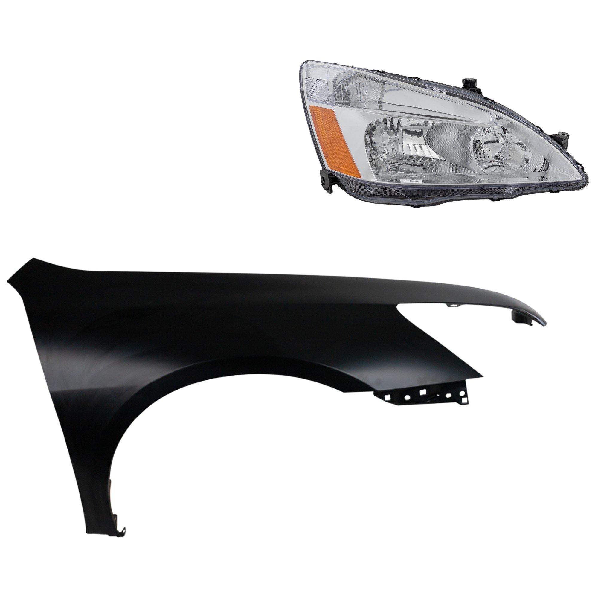 Headlight Assembly Kit for Honda Accord 2003-2006, Right (Passenger) Side, Halogen, 2-Piece Kit with Fender, Replacement