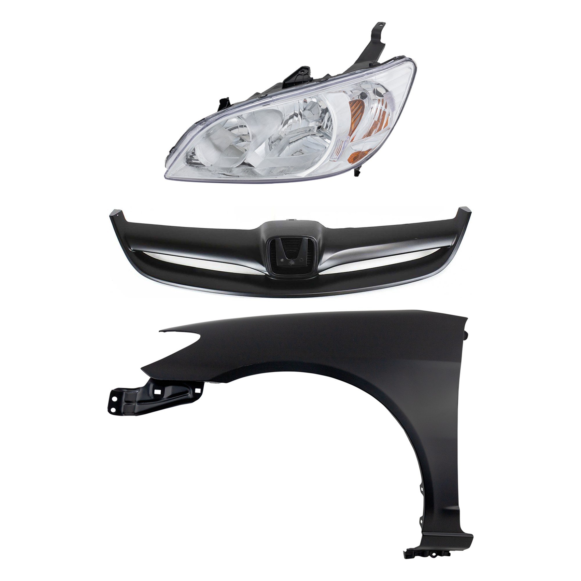 Headlight Kit for 2004-2005 Honda Civic, Left (Driver) Side, Lens and Housing, Halogen, 3-Piece Set, Including Fender and Grille, Replacement