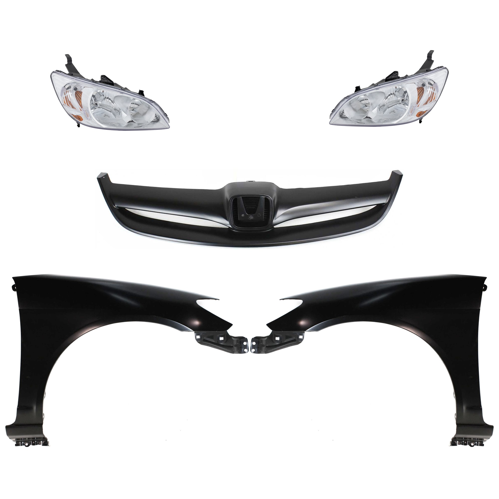 Headlight Lens and Housing Kit for 2004-2005 Honda Civic, Right (Passenger) and Left (Driver), Halogen, 5-Piece Kit with Fenders and Grille - Replacement