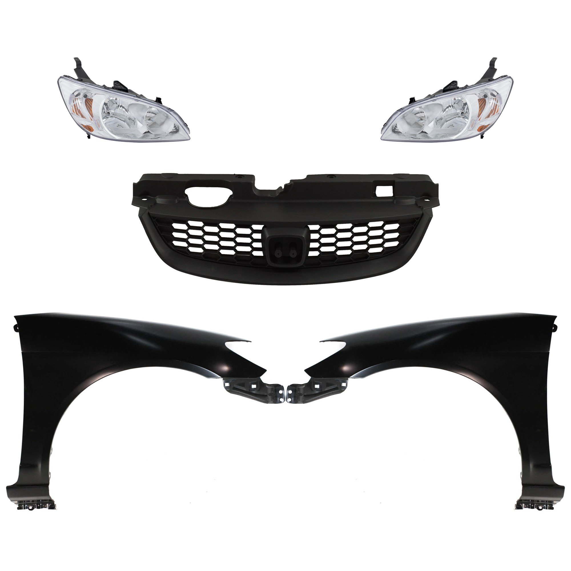Headlight Kit for 2004-2005 Honda Civic, Includes Right (Passenger) and Left (Driver) Halogen Lenses and Housings, 5-Piece with Fenders and Grille, Replacement 
