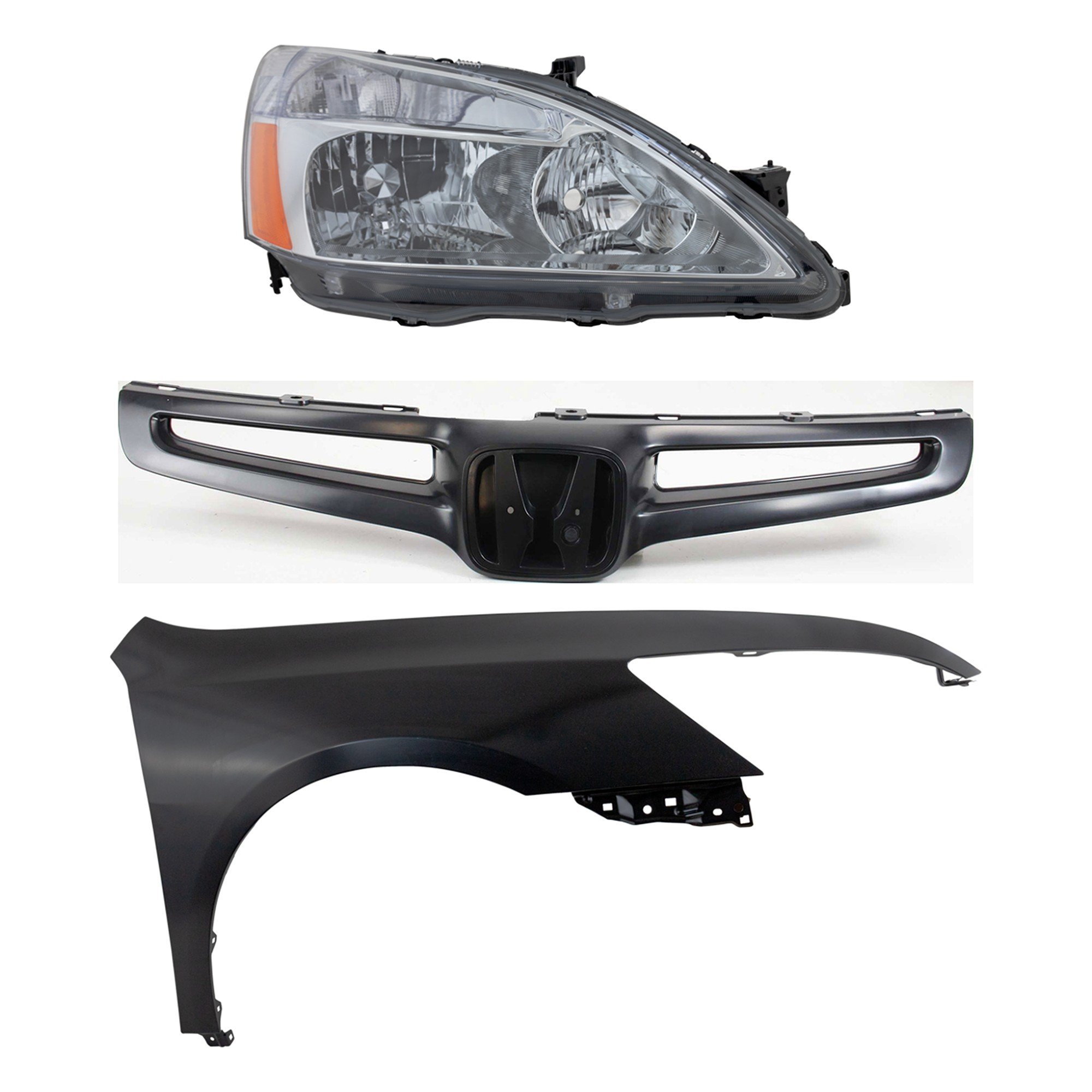 Headlight Right (Passenger) for 2003-2005 Honda Accord, Lens and Housing, Halogen, 3-Piece Kit, includes Fender and Grille Assembly - (CAPA) Replacement