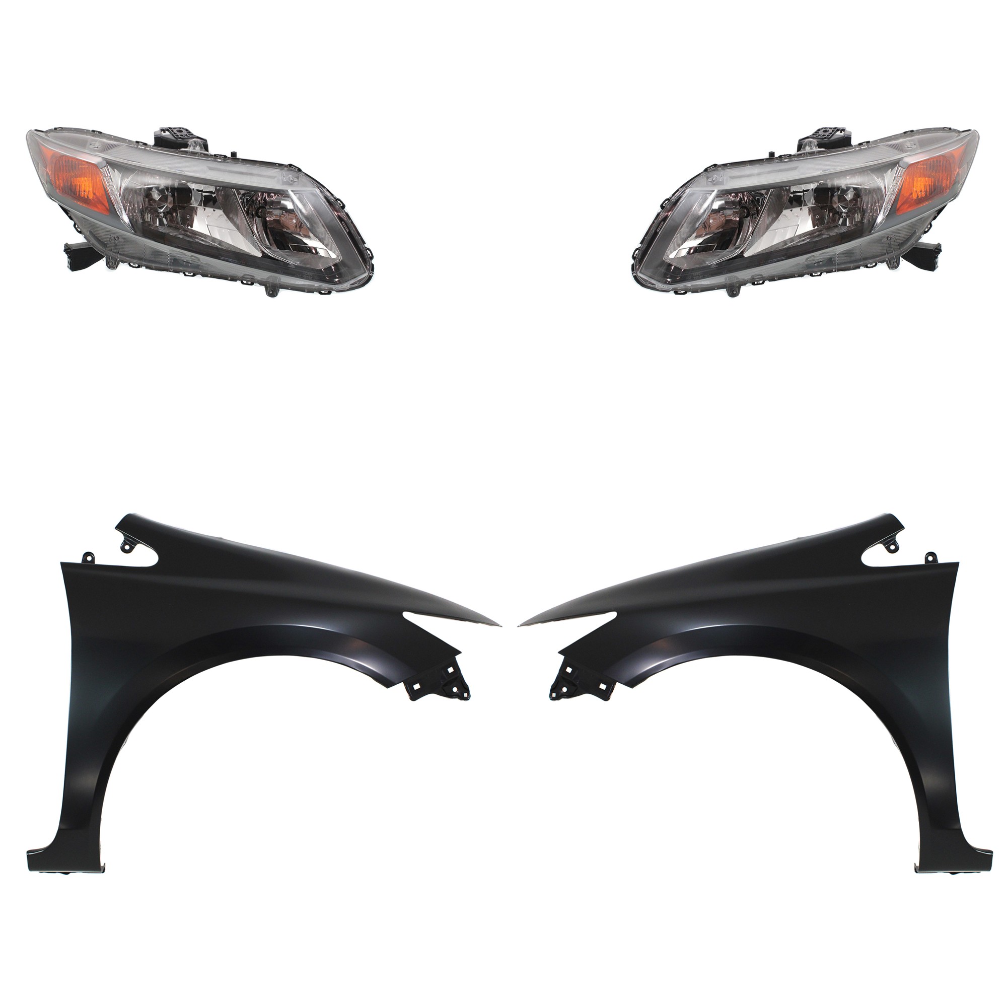 Headlight Assembly Kit for 2012 - 2012 Honda Civic, Right (Passenger) and Left (Driver), Halogen, 4-Piece Set, with Fenders, Replacement